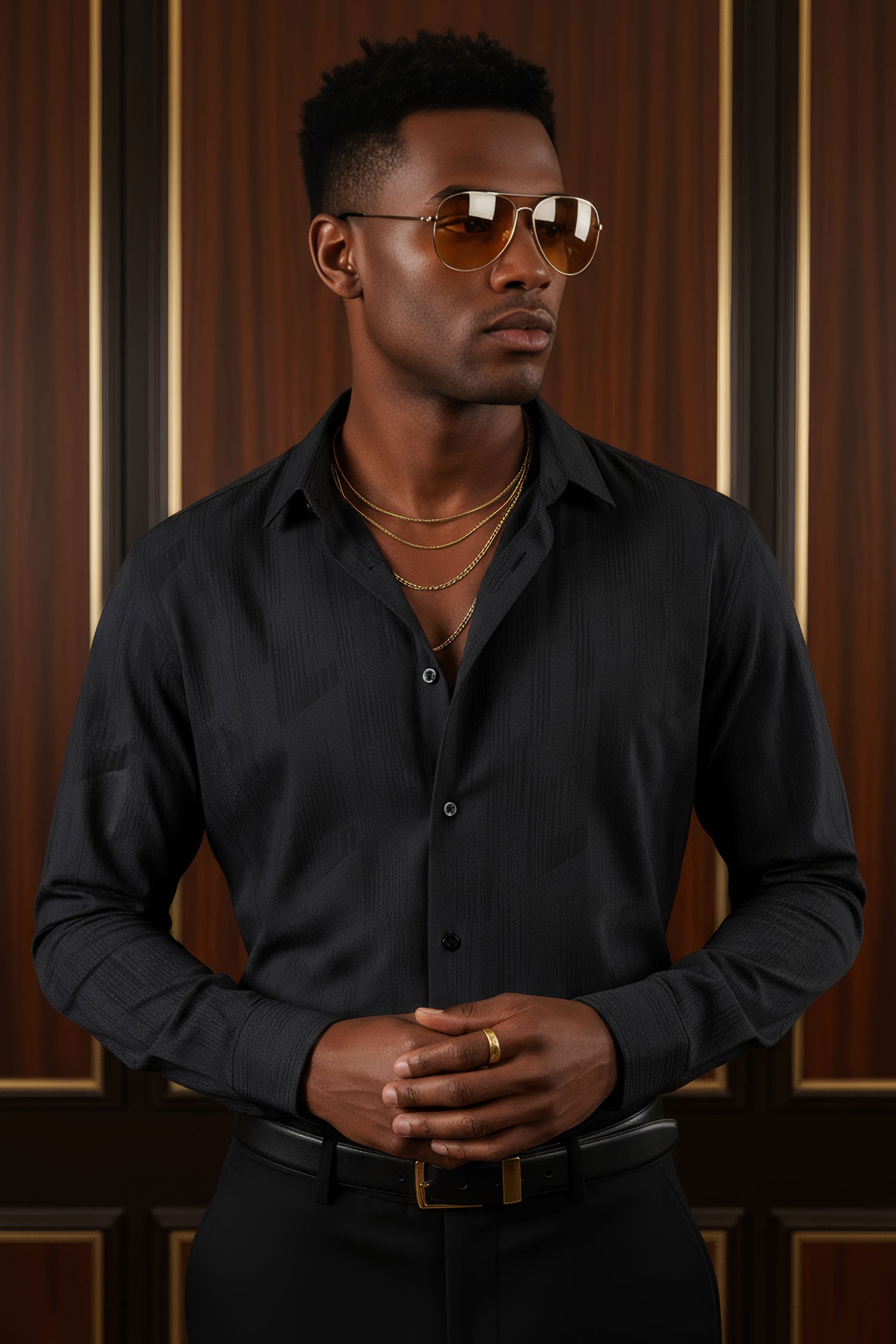 Barabas Men's Geometric Linear Button Down Long Sleeve Shirts 4B66 Black