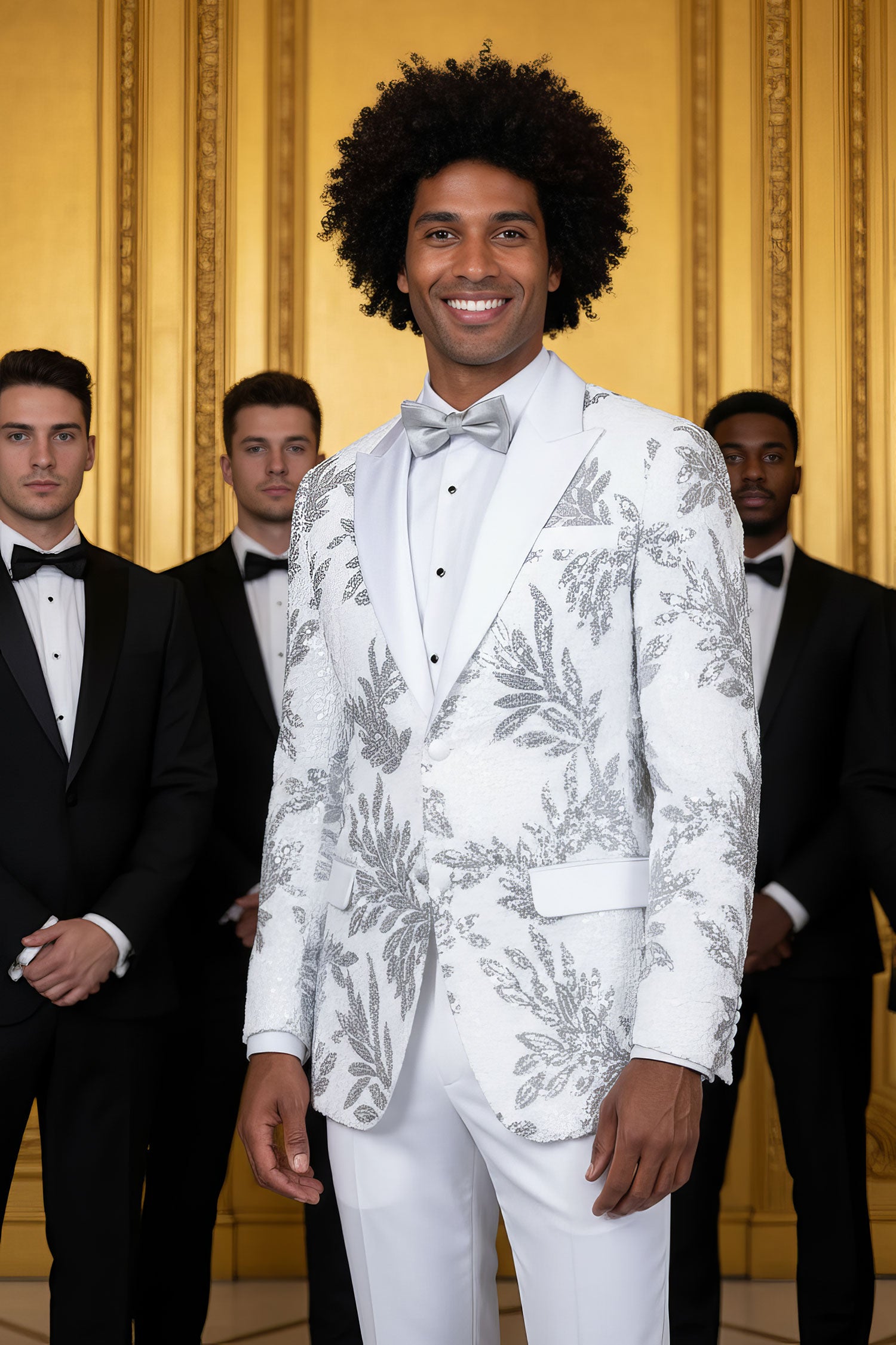 BARABAS Men's Floral Baroque Sequins Luxury Prom Blazer 4BL39 White Silver