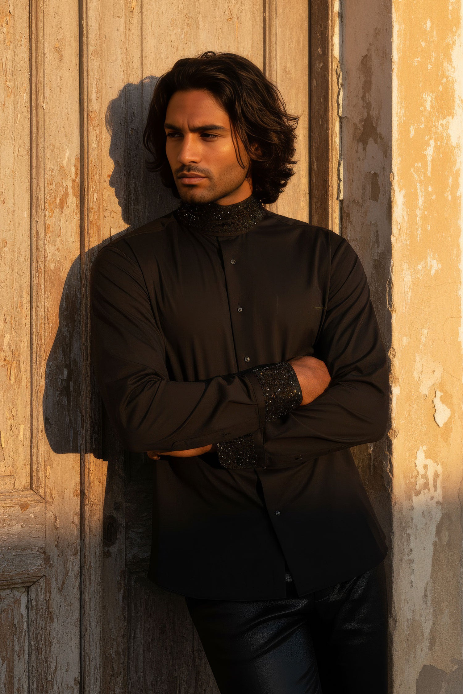 Barabas Men's Turtleneck Rhinestones Collar Long Sleeve Shirts 4BR411 Black