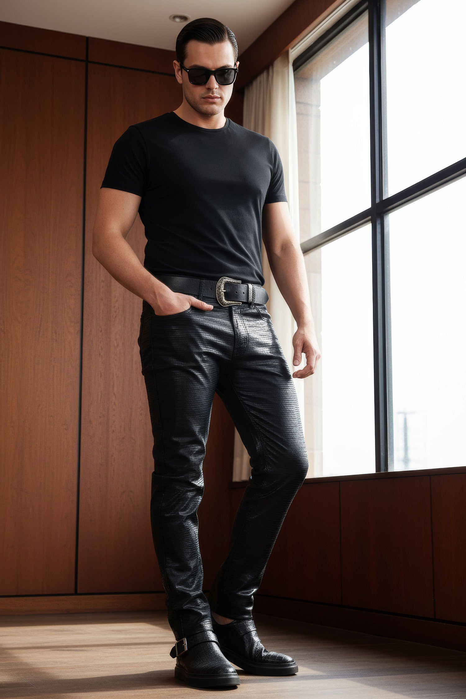 Barabas Men's Shiny Textured Premium Stretch Pants 4CP20 Black