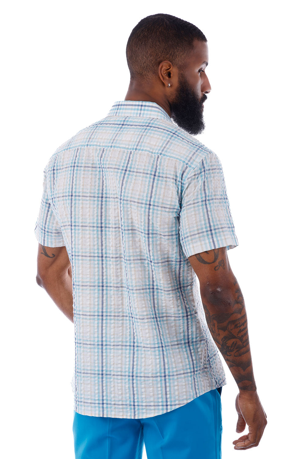 BARABAS Men's Striped Checkered Short Sleeve Shirts 4SST09 Blue White