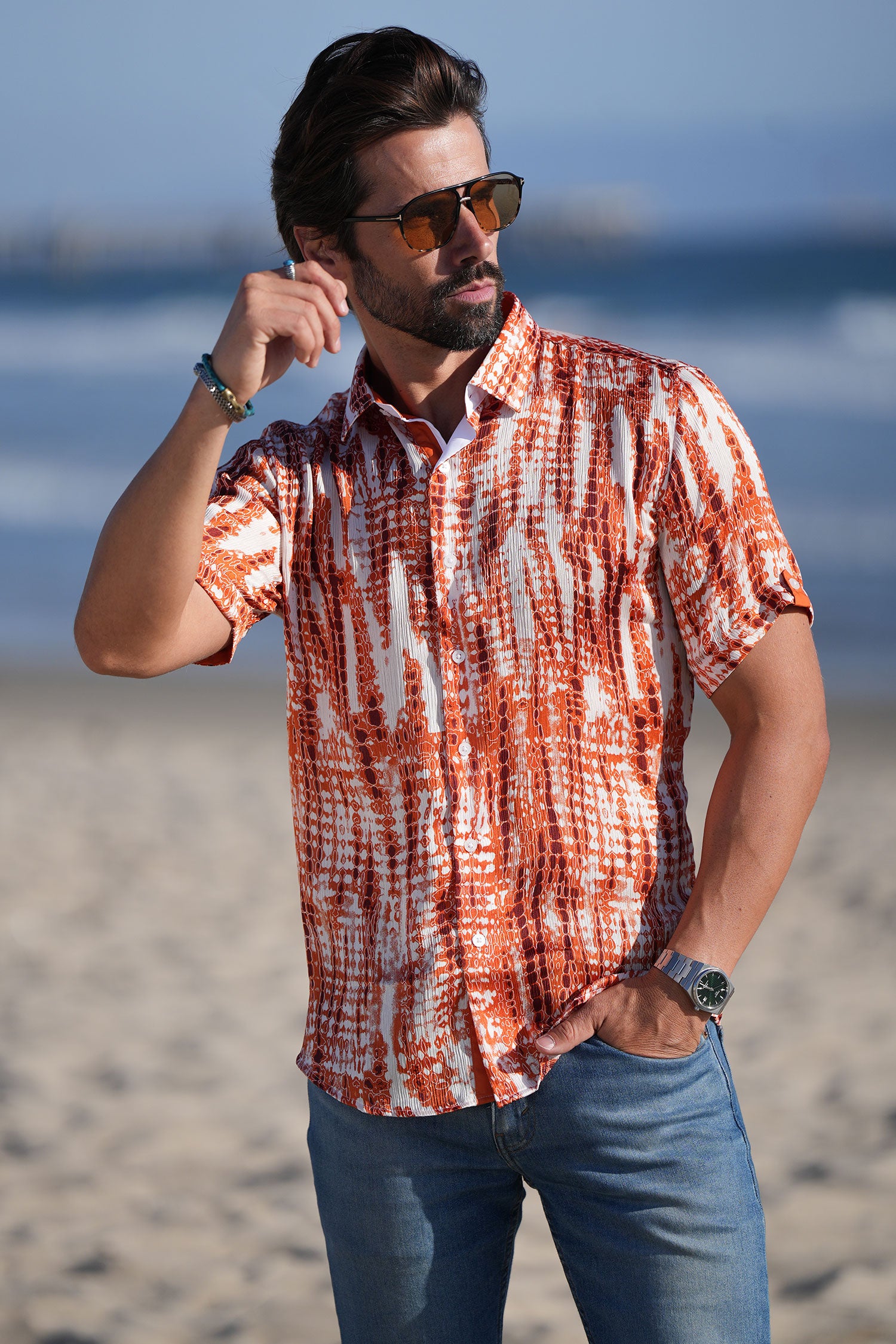 Barabas Men's Stretch Geometric Button Down Short Sleeve Shirts 4SST22