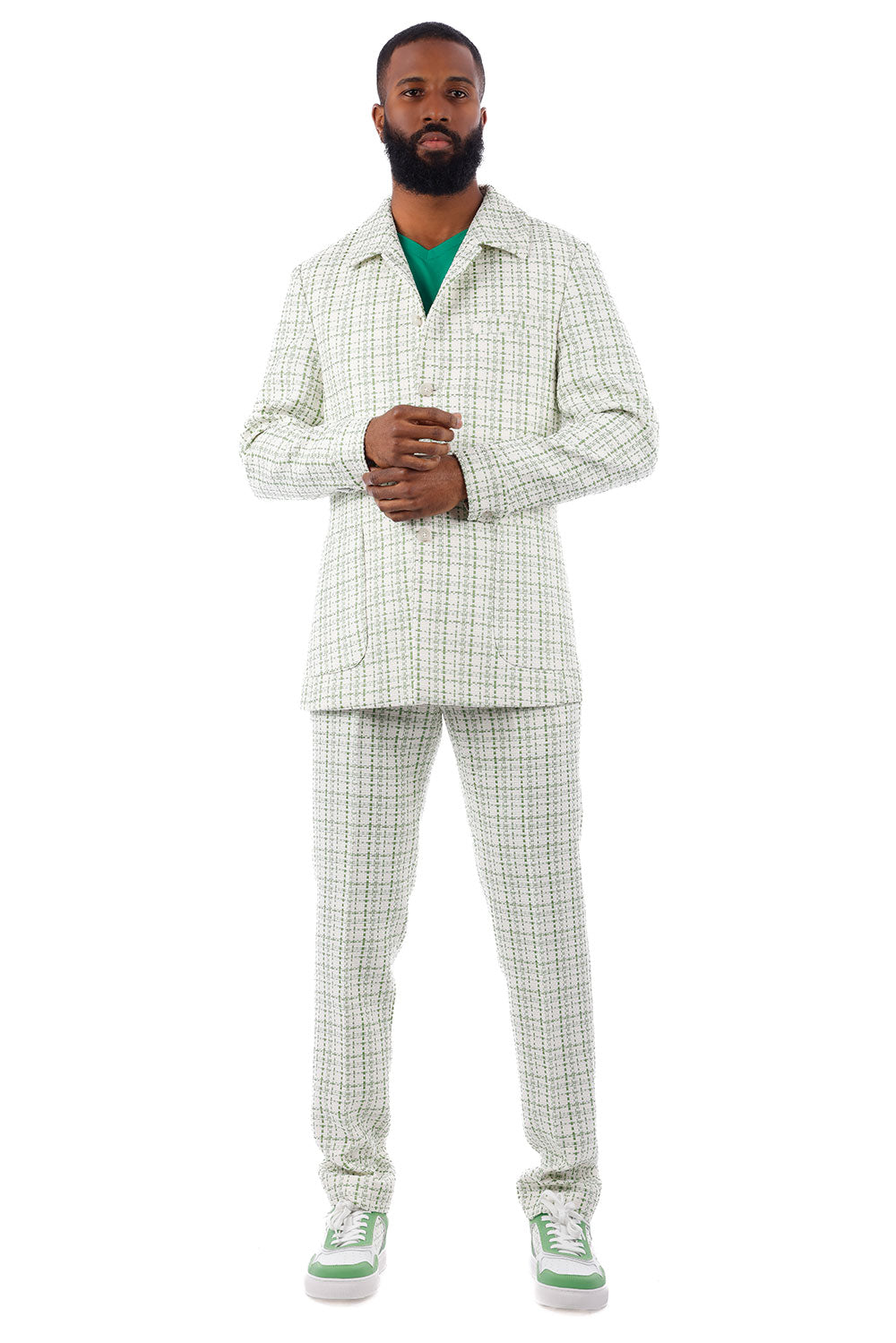 Barabas Men's Geometric Pattern Wool Collared Suit Set 4SU07 White Green