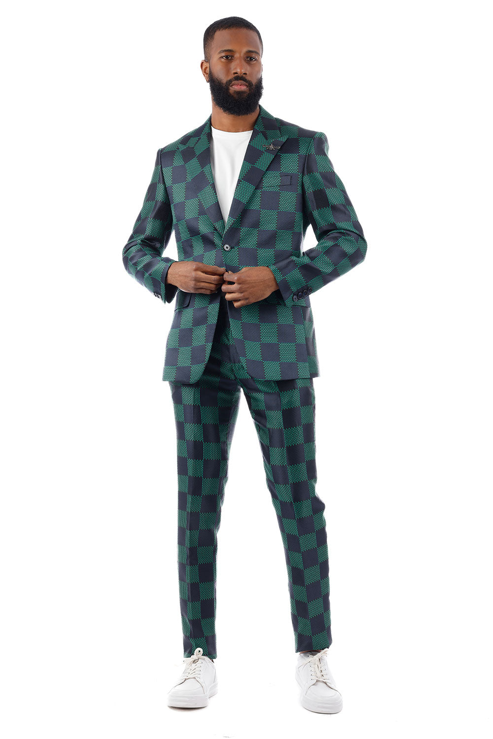 BARABAS Men's Checkered Pattern Peak Lapel Suit 4SU09 Navy Green