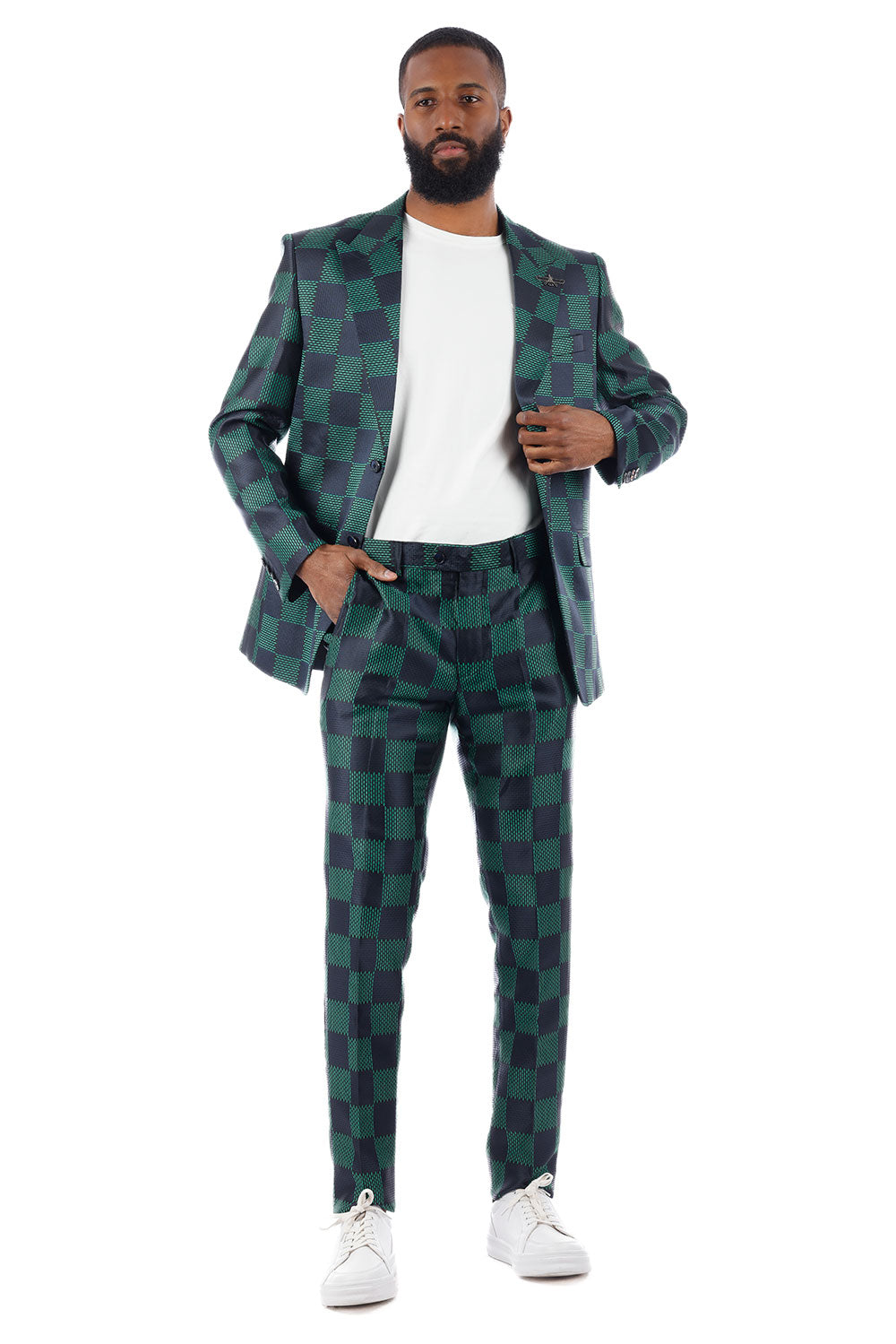 BARABAS Men's Checkered Pattern Peak Lapel Suit 4SU09 Navy Green