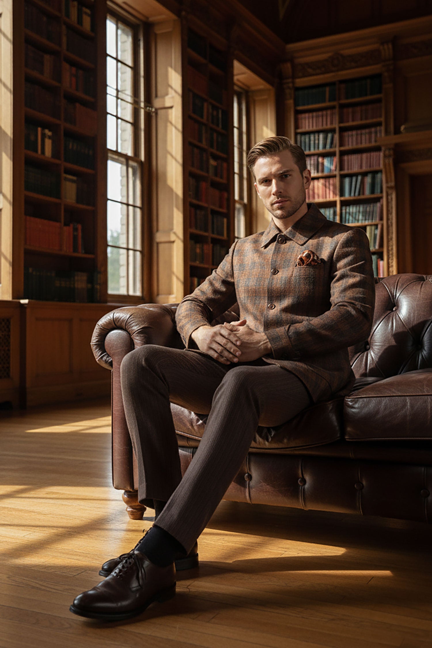 BARABAS Men's Plaid Polo Collar Linen Pant and Suit Set 4SU11 Coffee