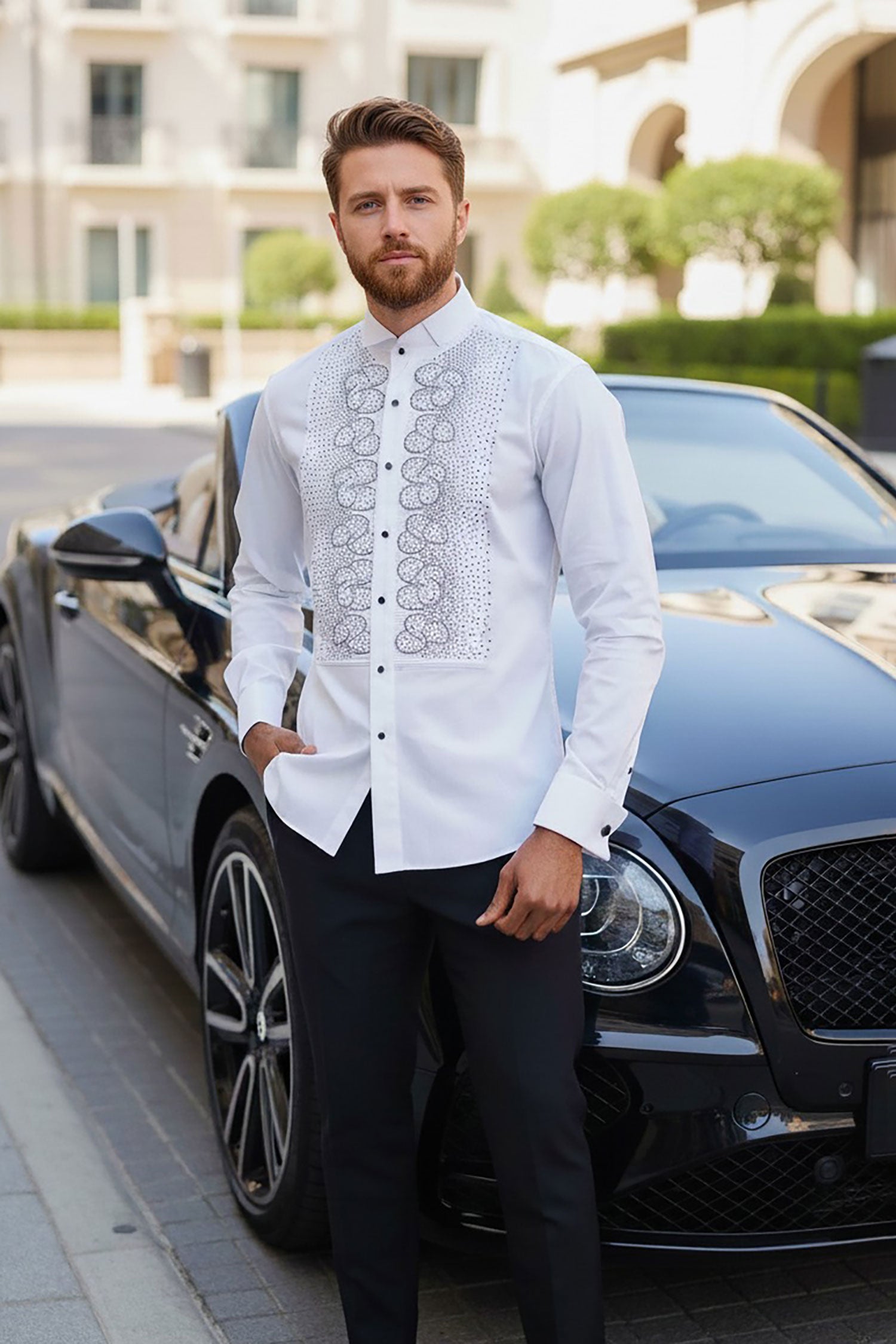 Barabas Men's Symmetrical Rhinestone Long Sleeve Shirt 4TXR07 White