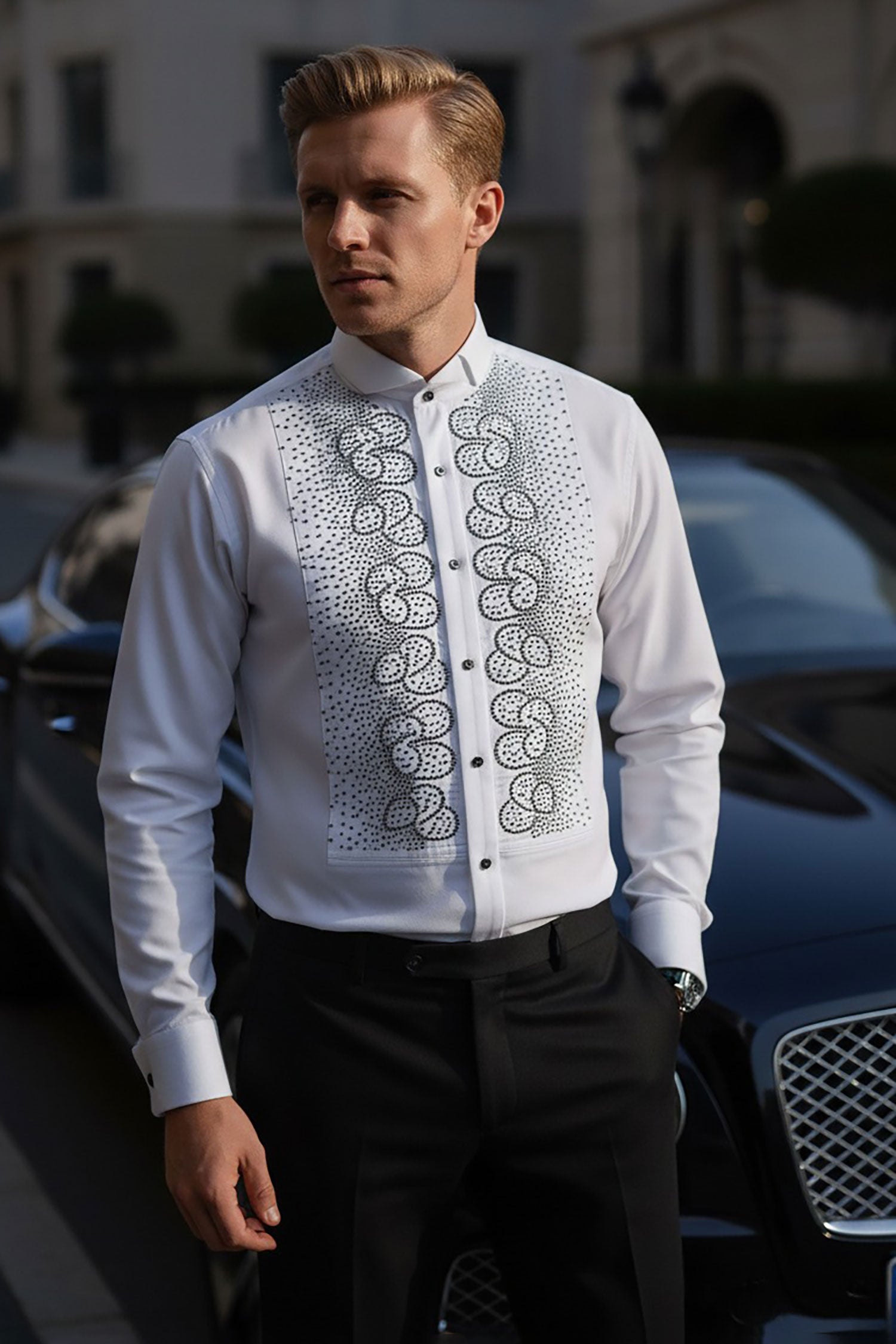 Barabas Men's Symmetrical Rhinestone Long Sleeve Shirt 4TXR07 White