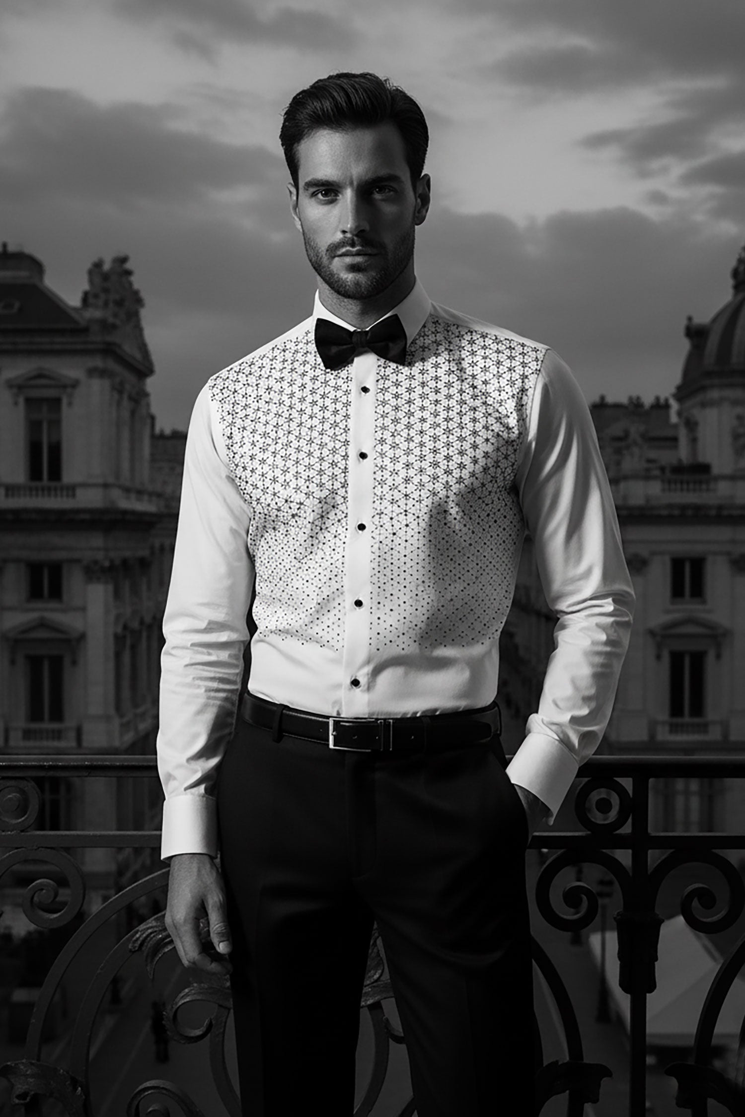 Barabas Men's Particle Rhinestone Tuxedo Long Sleeve Shirt 4TXR09 White