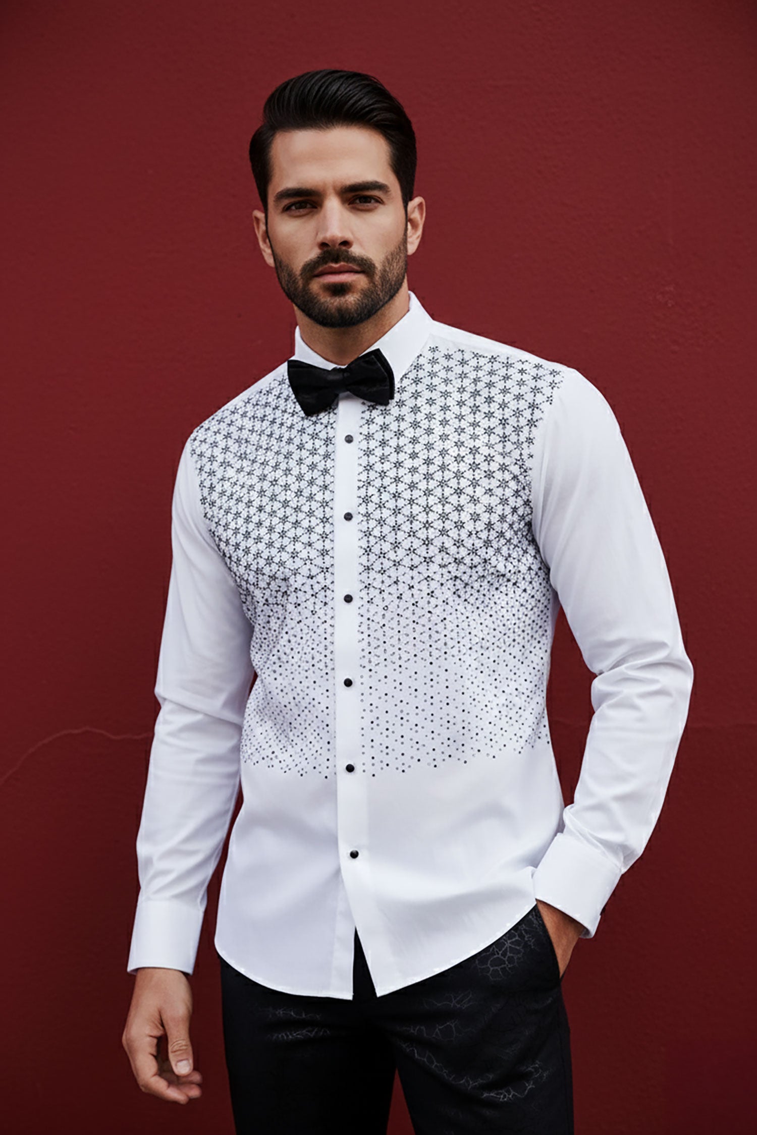 Barabas Men's Particle Rhinestone Tuxedo Long Sleeve Shirt 4TXR09 White
