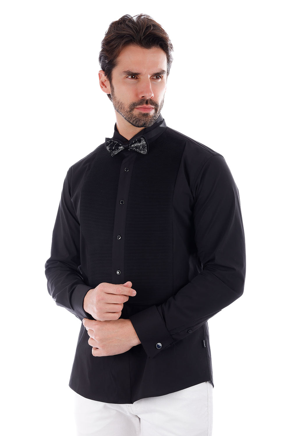 BARABAS Men's Solid Color Tuxedo Button Down Long Sleeve Shirt 4txs01 Black