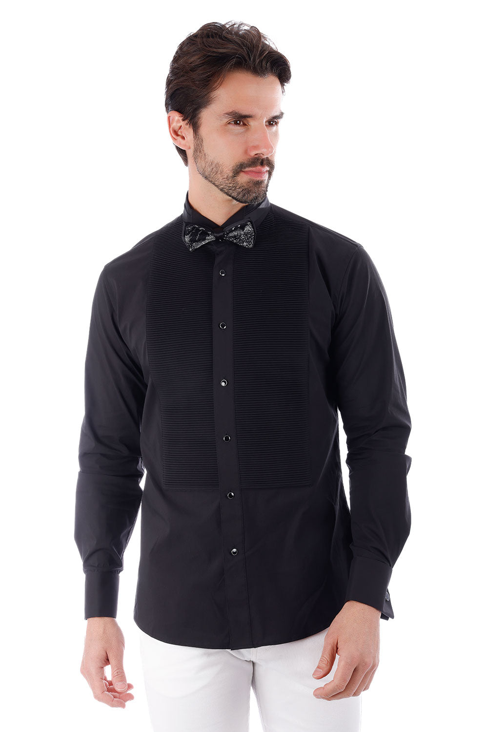 BARABAS Men's Solid Color Tuxedo Button Down Long Sleeve Shirt 4txs01 Black