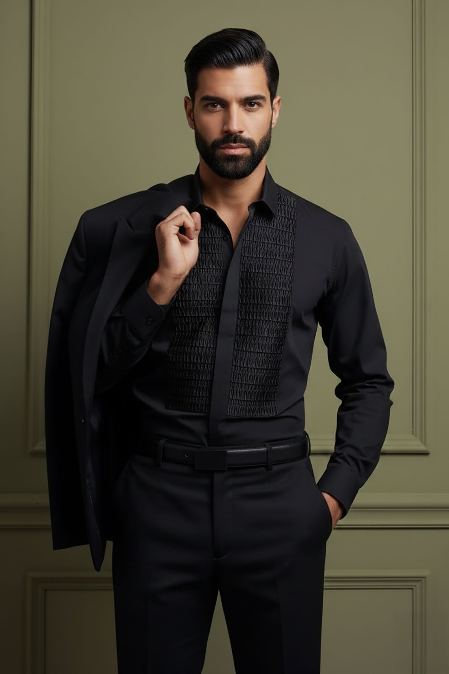 Barabas Men's Wave Pattern Button Down Long Sleeve Shirt 4TXR14 Black