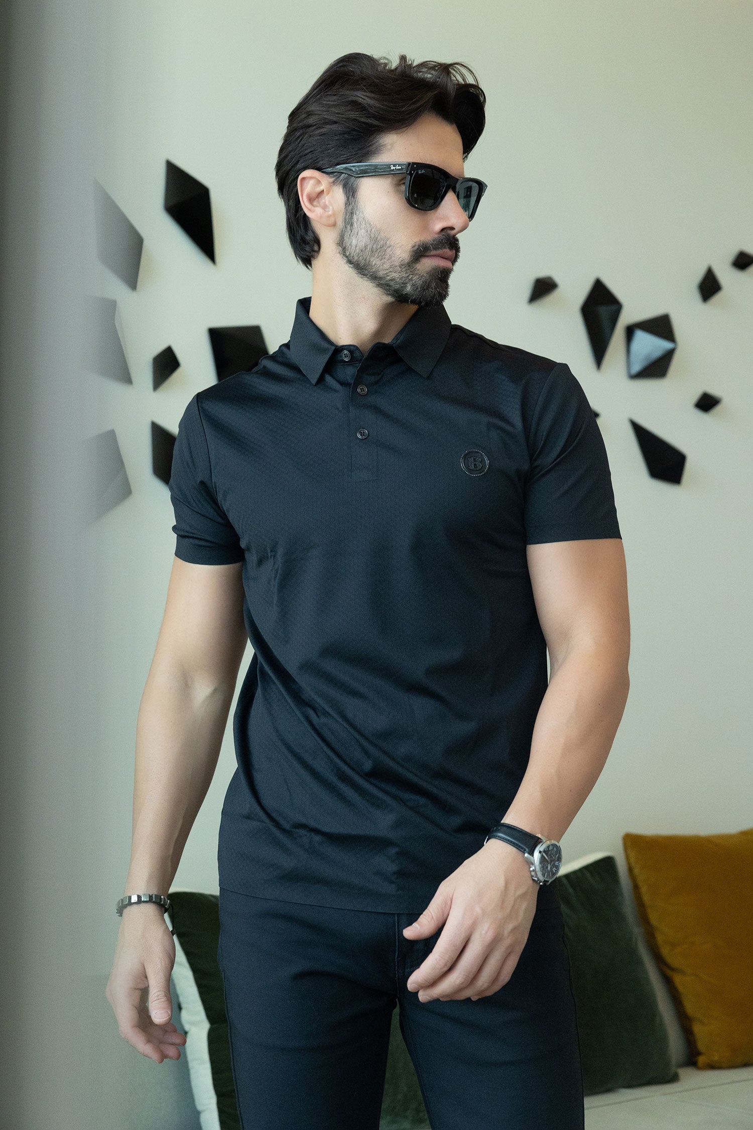 Barabas Men's Solid Color Textured Stretch Premium Polo Shirts 5P04 Black