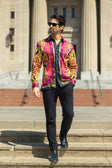 BARABAS Men's Rhinestone Medusa Floral Long Sleeve Shirts 3SPR416 Acid Pink