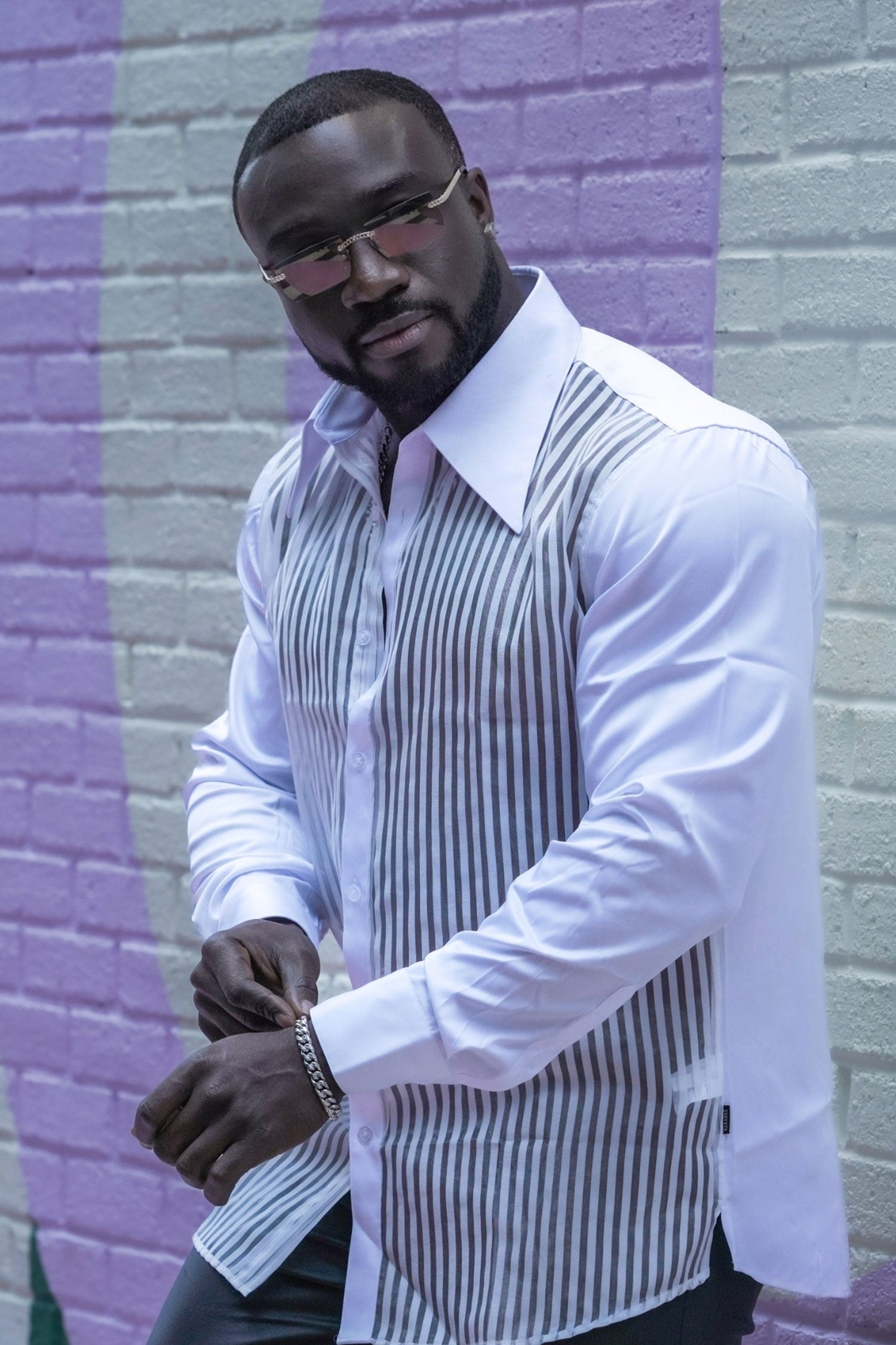 Barabas Men's See Through Geometric Shiny Long Sleeve Shirts 5B01 White