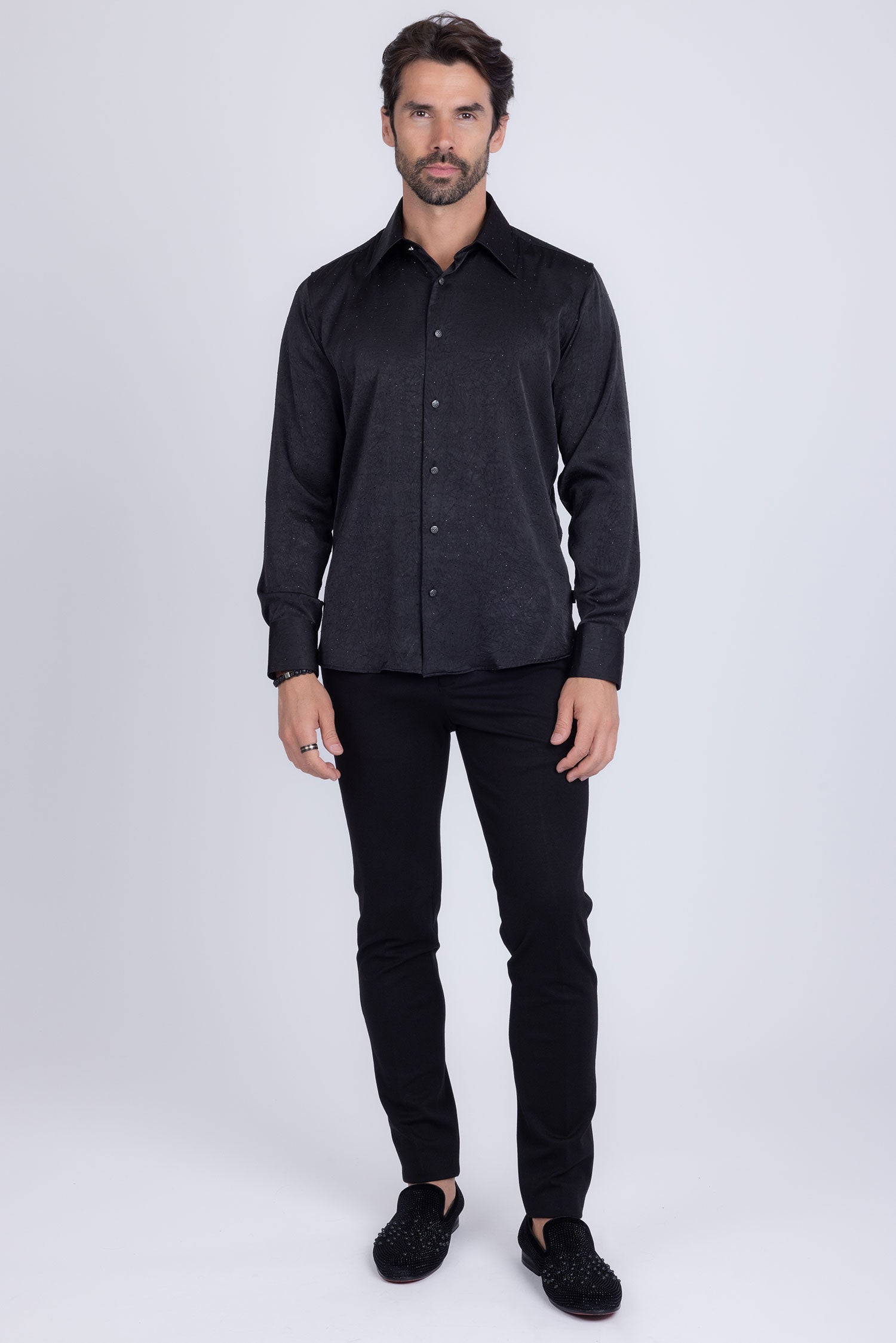 Barabas Men's Rhinestones Textured Long Sleeve Shirts 5B12 Black