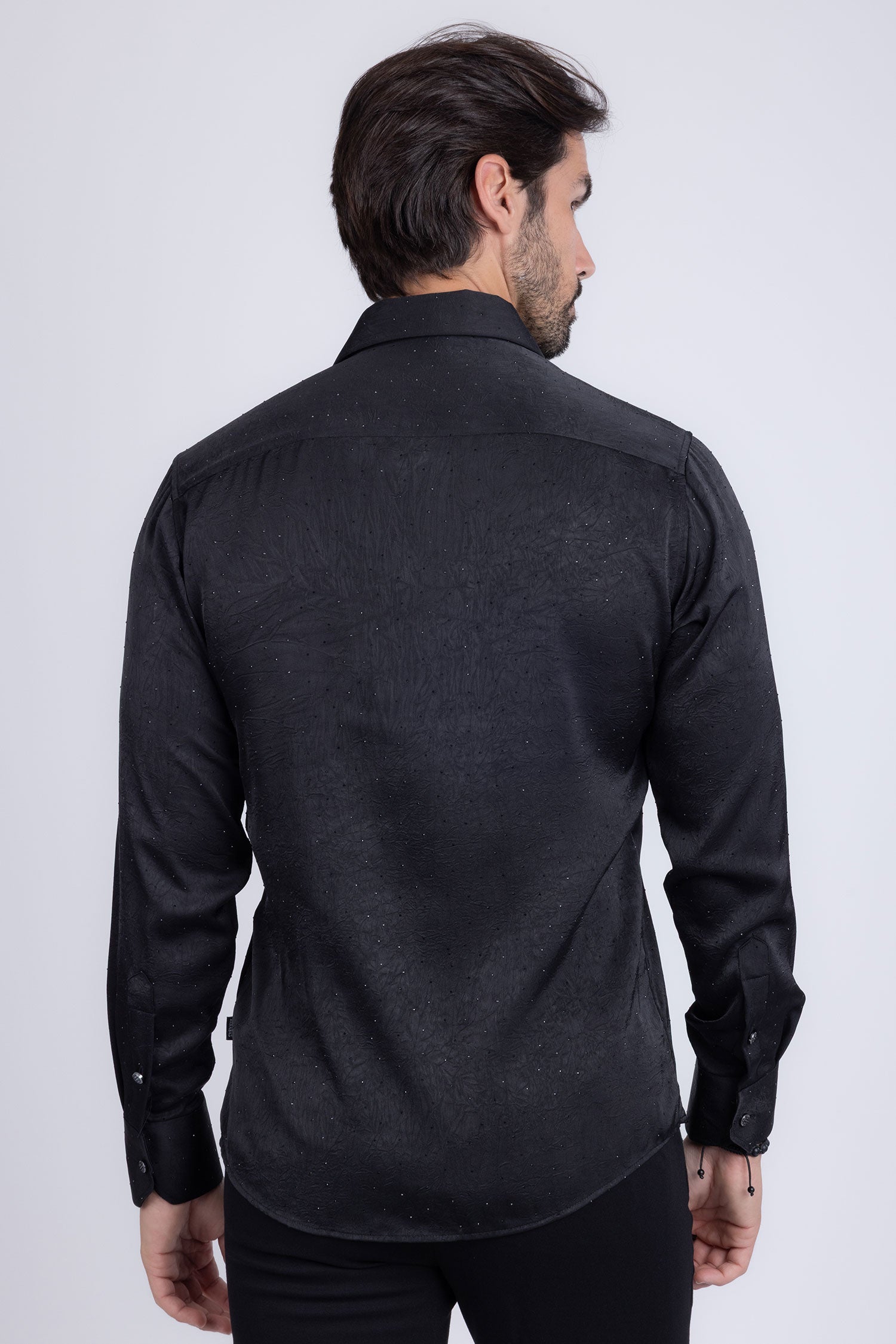Barabas Men's Rhinestones Textured Long Sleeve Shirts 5B12 Black