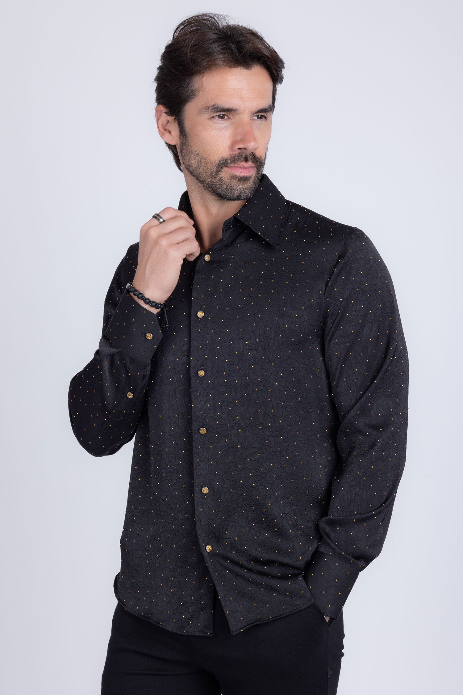 Barabas Men's Rhinestones Textured Long Sleeve Shirts 5B12 Black Gold