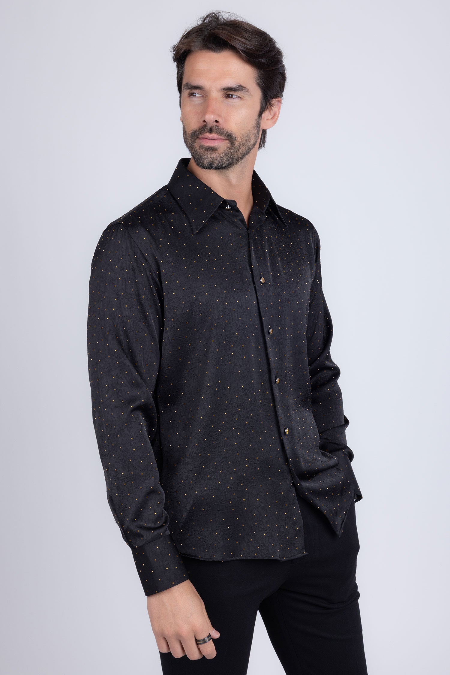 Barabas Men's Rhinestones Textured Long Sleeve Shirts 5B12 Black Gold