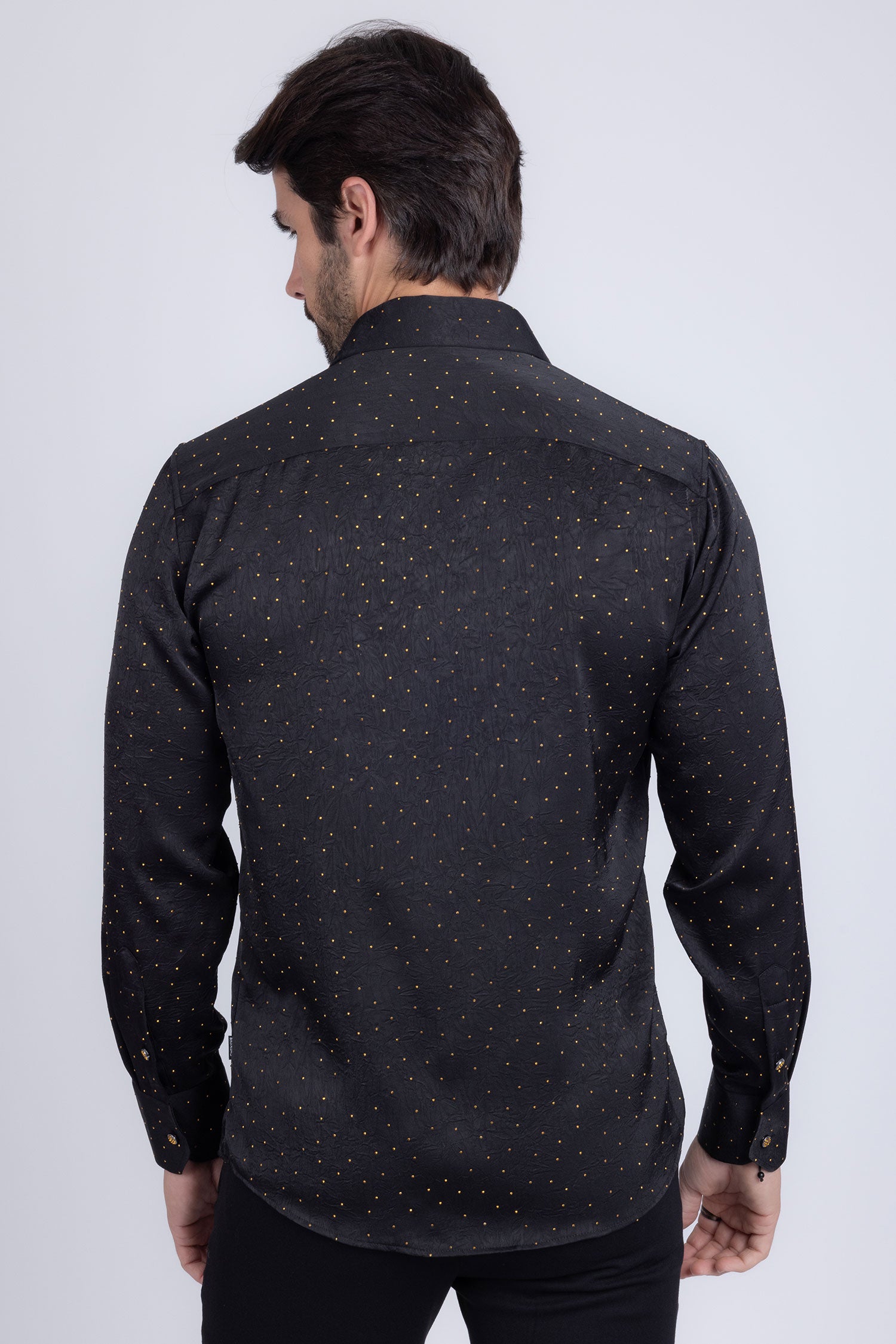 Barabas Men's Rhinestones Textured Long Sleeve Shirts 5B12 Black Gold