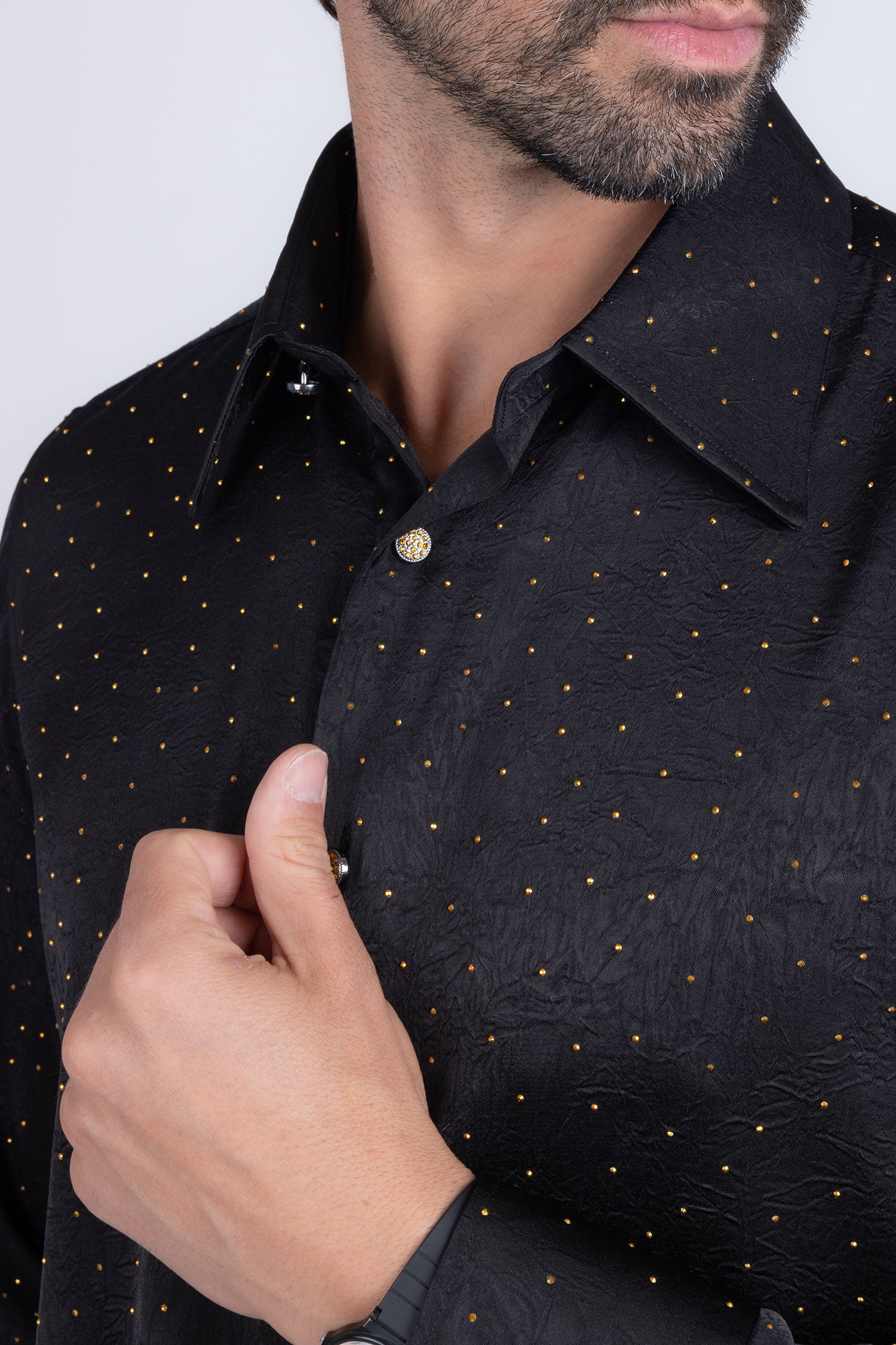 Barabas Men's Rhinestones Textured Long Sleeve Shirts 5B12 Black Gold