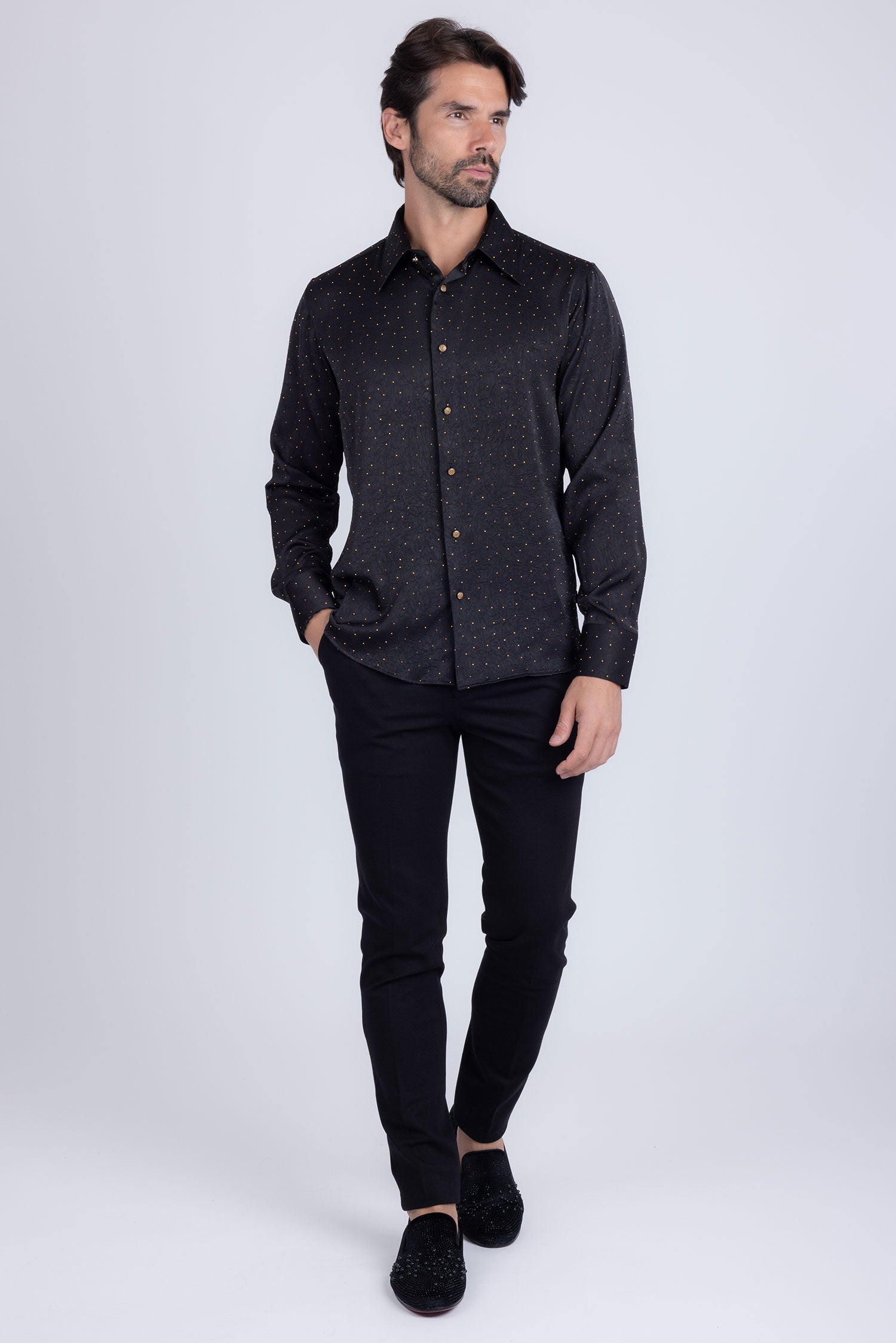 Barabas Men's Rhinestones Textured Long Sleeve Shirts 5B12 Black Gold