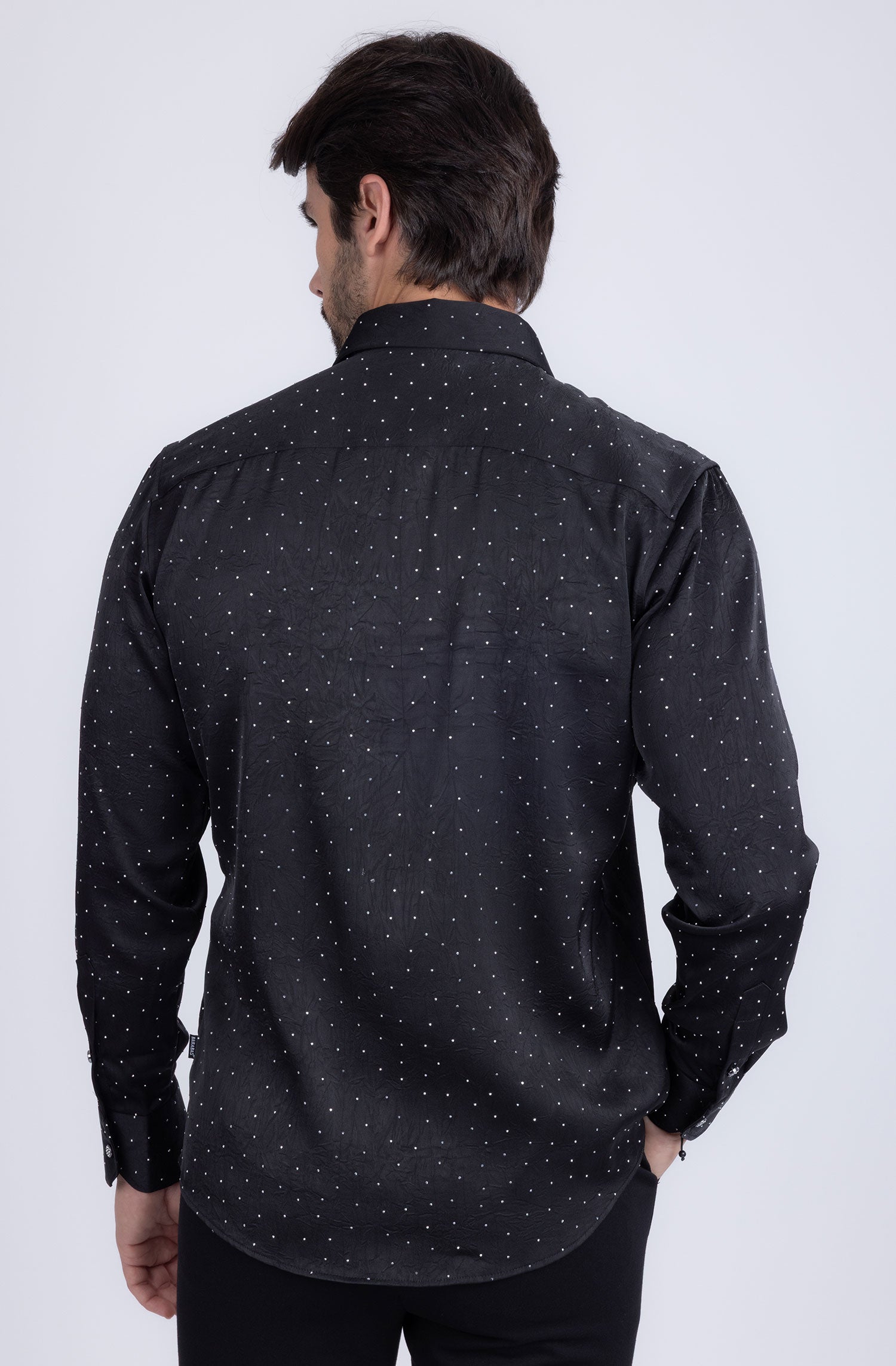 Barabas Men's Rhinestones Textured Long Sleeve Shirts 5B12 Black Silver