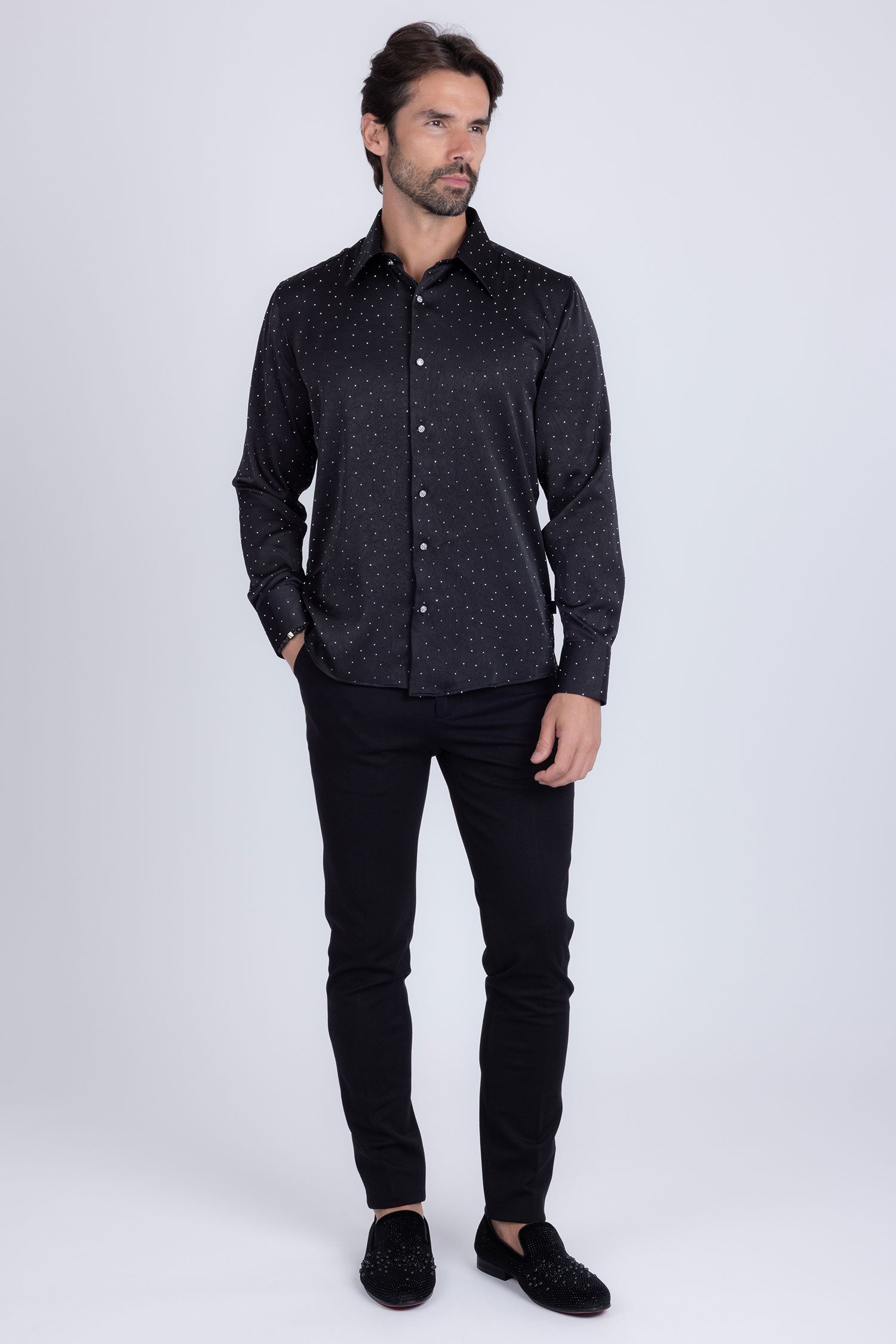 Barabas Men's Rhinestones Textured Long Sleeve Shirts 5B12 Black Silver