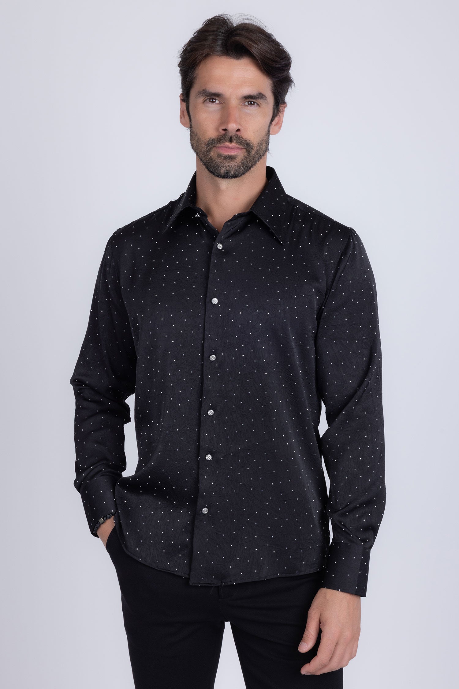 Barabas Men's Rhinestones Textured Long Sleeve Shirts 5B12 Black Silver