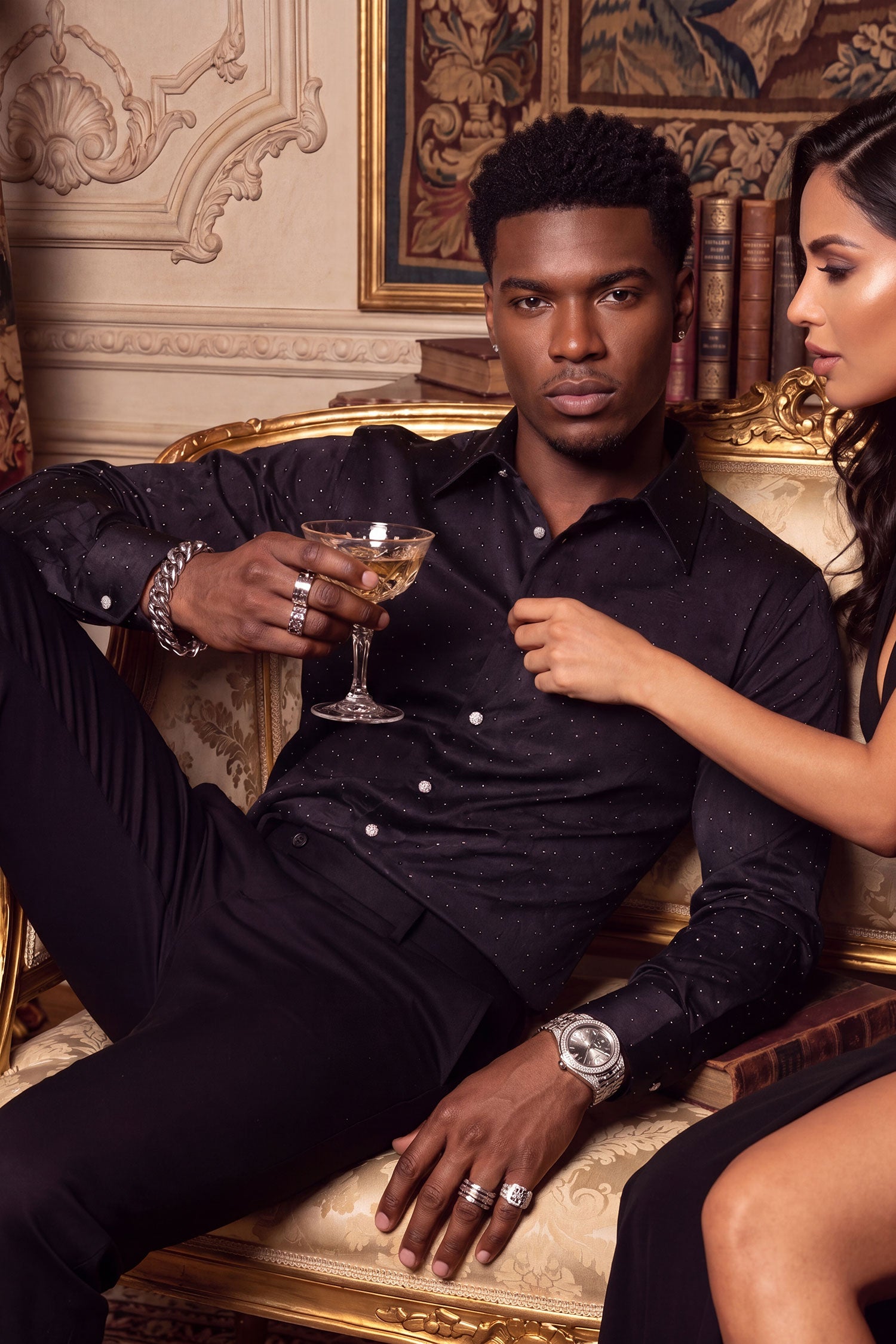 Barabas Men's Rhinestones Textured Long Sleeve Shirts 5B12 Black Silver