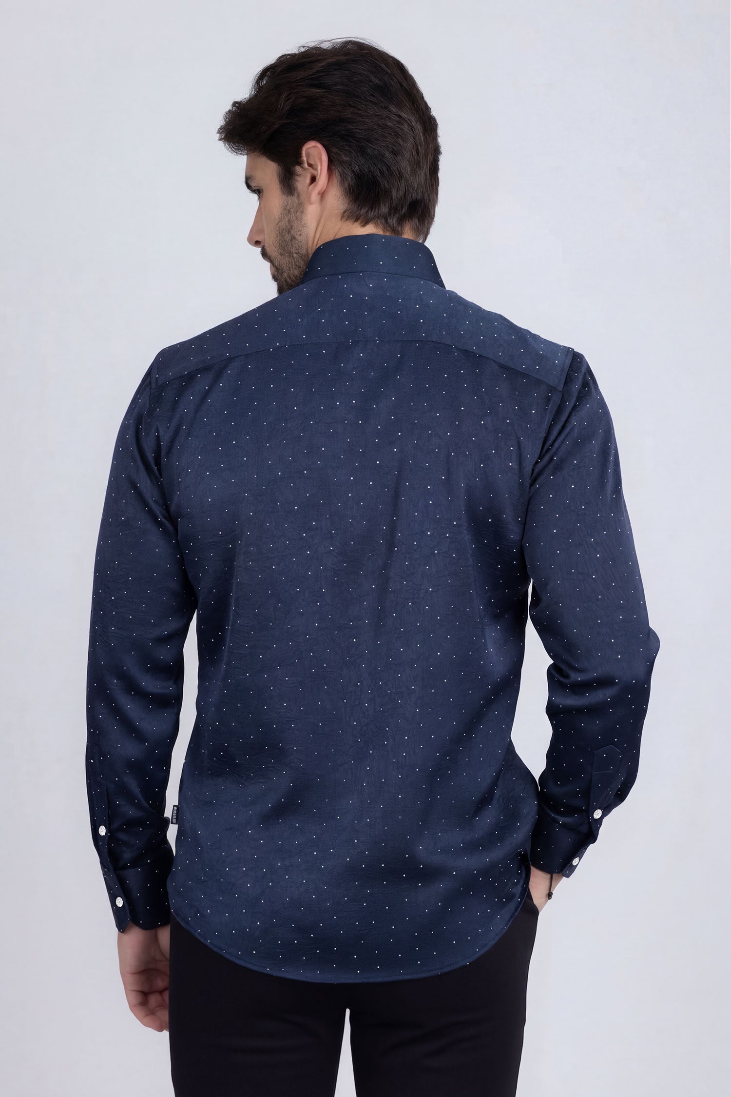 Barabas Men's Rhinestones Textured Long Sleeve Shirts 5B12 Navy Silver