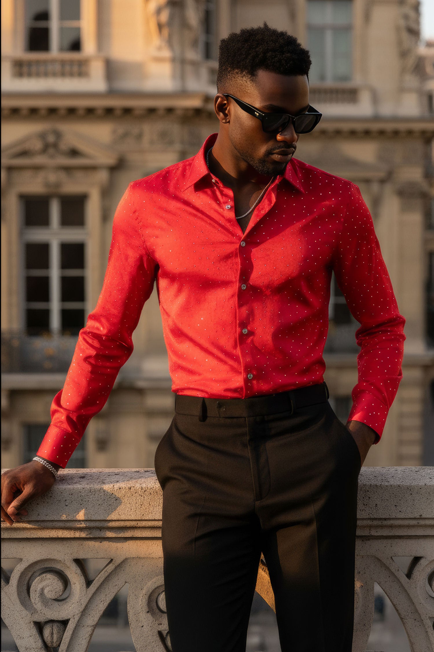 Barabas Men's Rhinestones Textured Long Sleeve Shirts 5B12 Red Silver