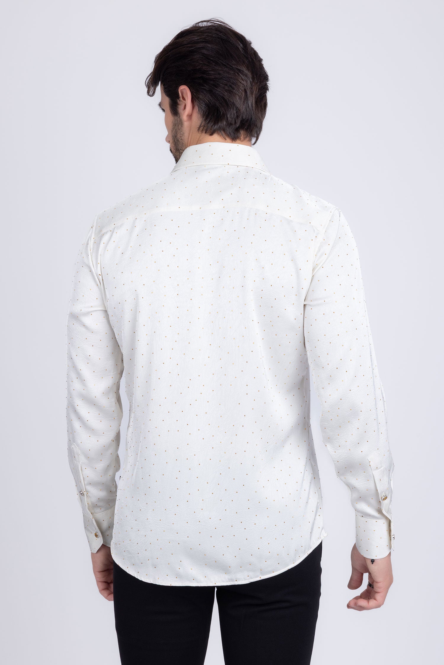 Barabas Men's Rhinestones Textured Long Sleeve Shirts 5B12 White Gold