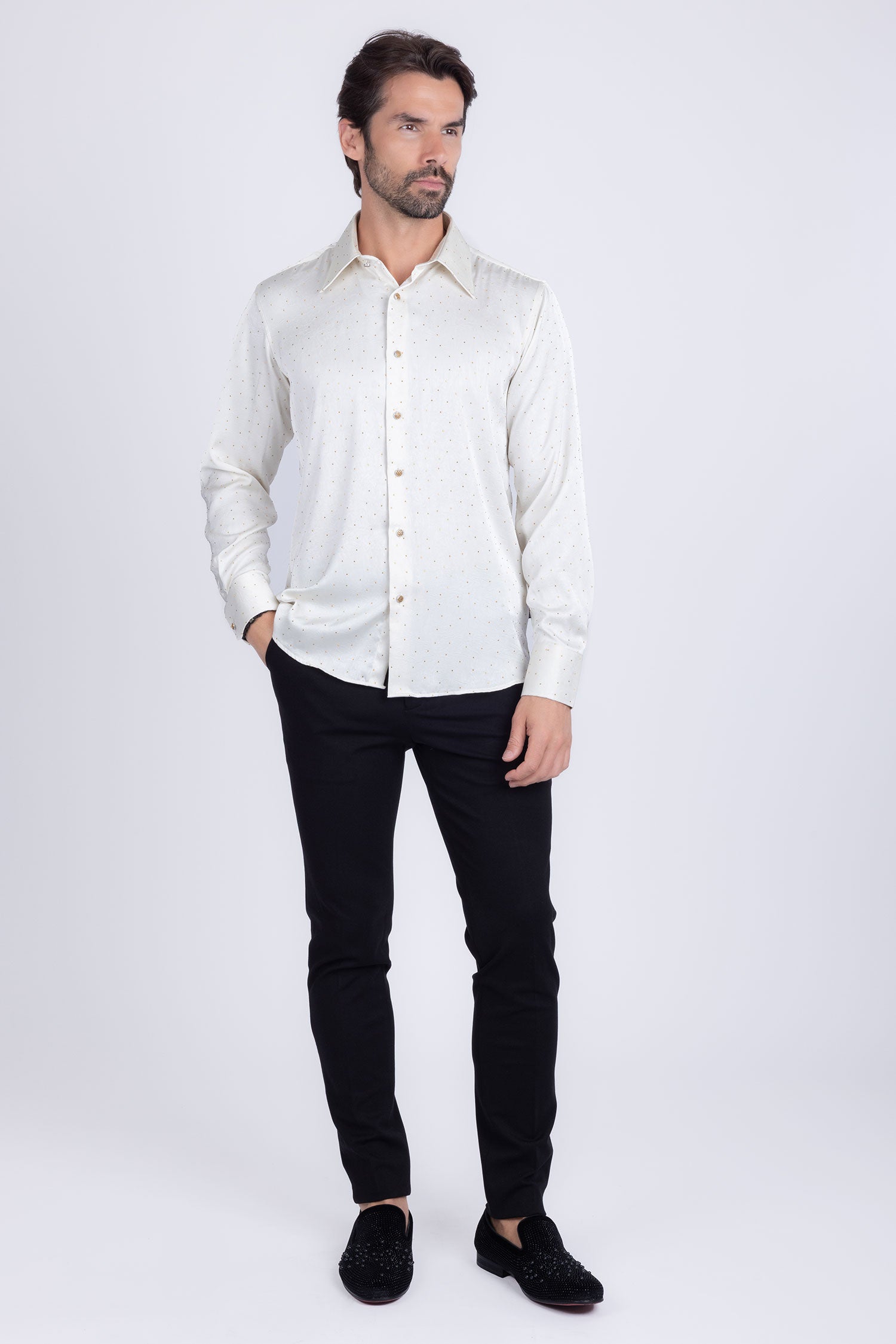 Barabas Men's Rhinestones Textured Long Sleeve Shirts 5B12 White Gold