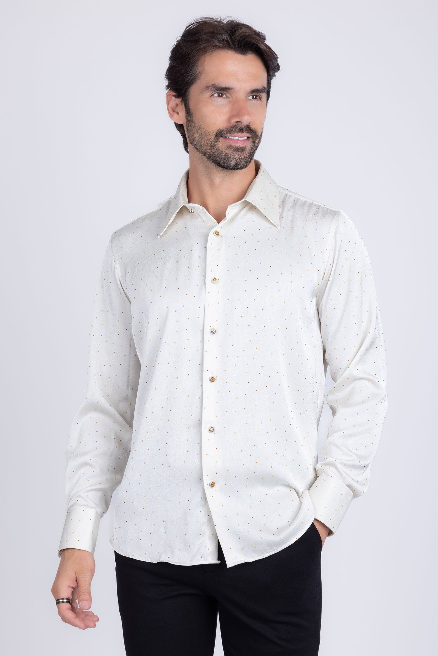 Barabas Men's Rhinestones Textured Long Sleeve Shirts 5B12 White Gold
