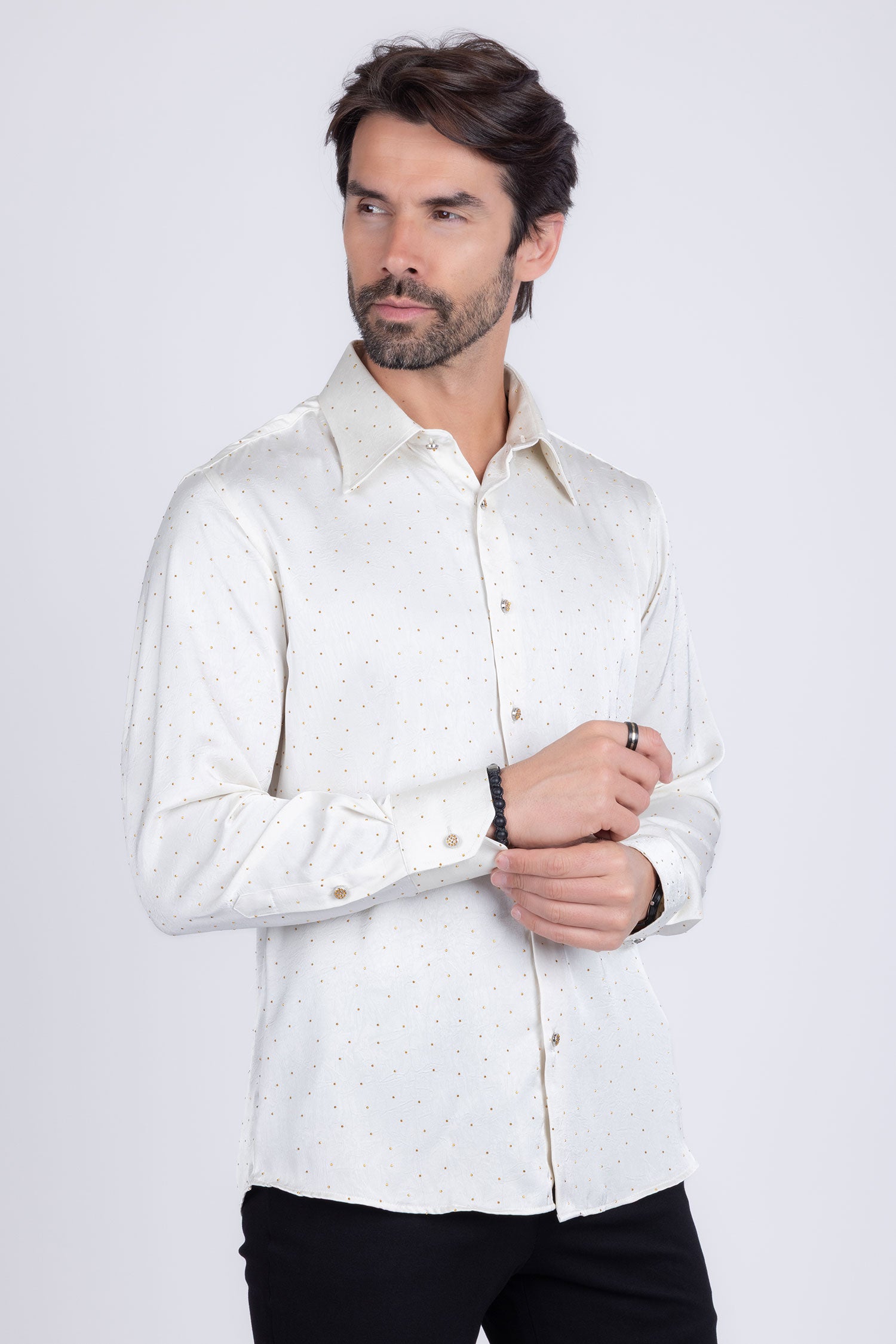 Barabas Men's Rhinestones Textured Long Sleeve Shirts 5B12 White Gold