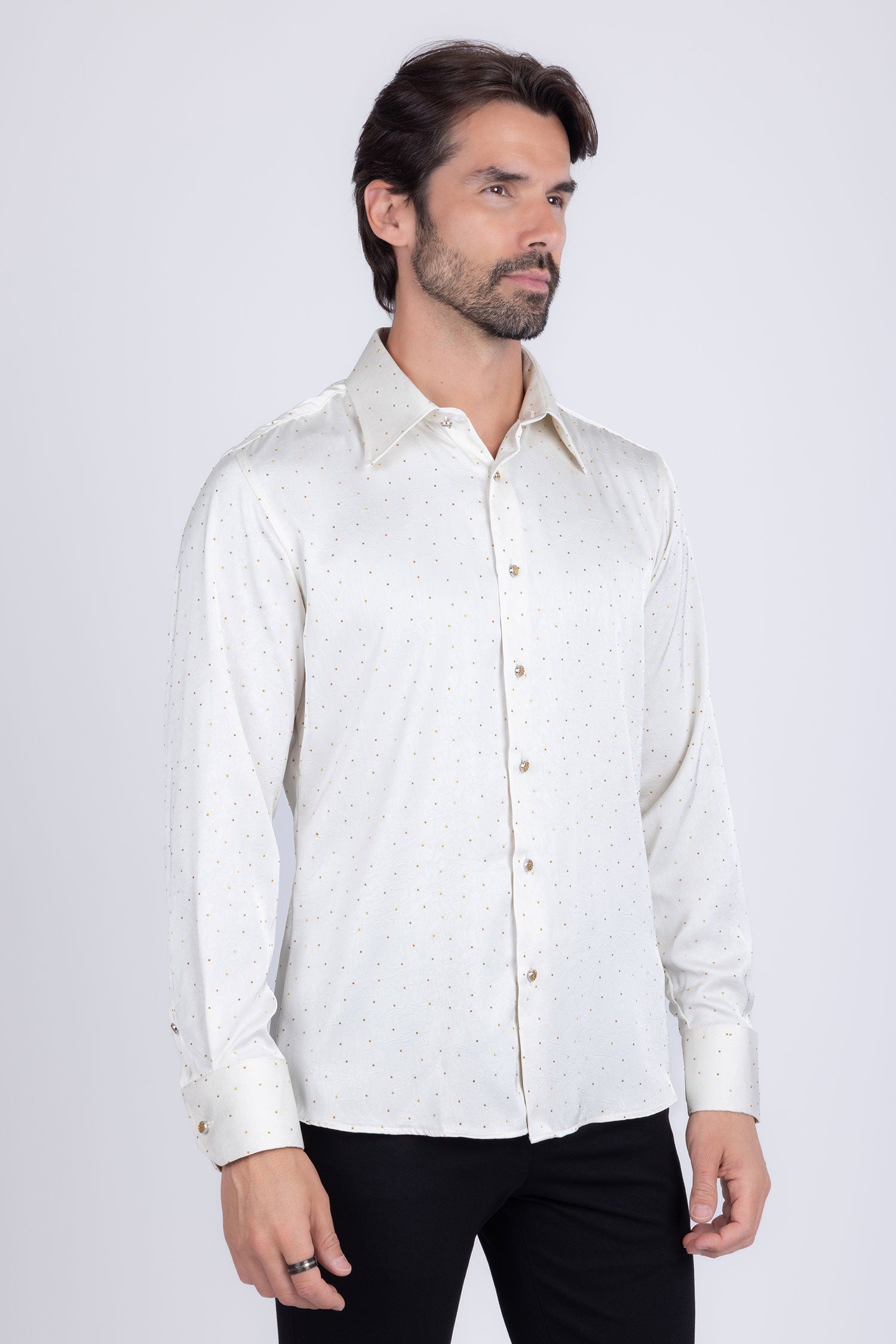 Barabas Men's Rhinestones Textured Long Sleeve Shirts 5B12 White Gold
