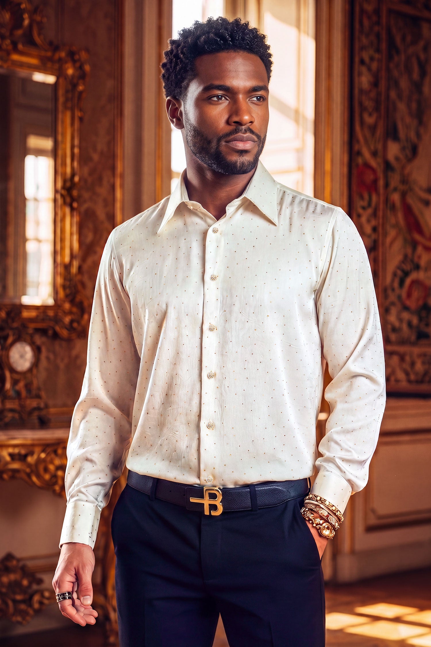 Barabas Men's Rhinestones Textured Long Sleeve Shirts 5B12 Wine Gold