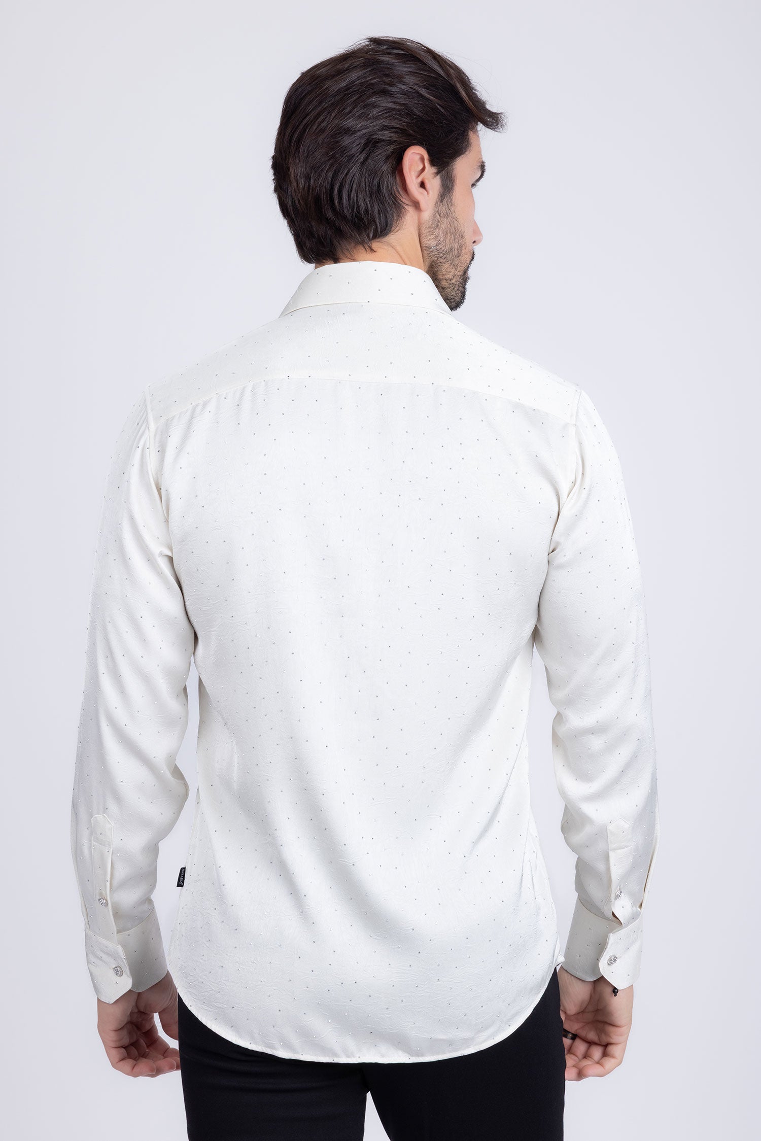 Barabas Men's Rhinestones Textured Long Sleeve Shirts 5B12 White Silver