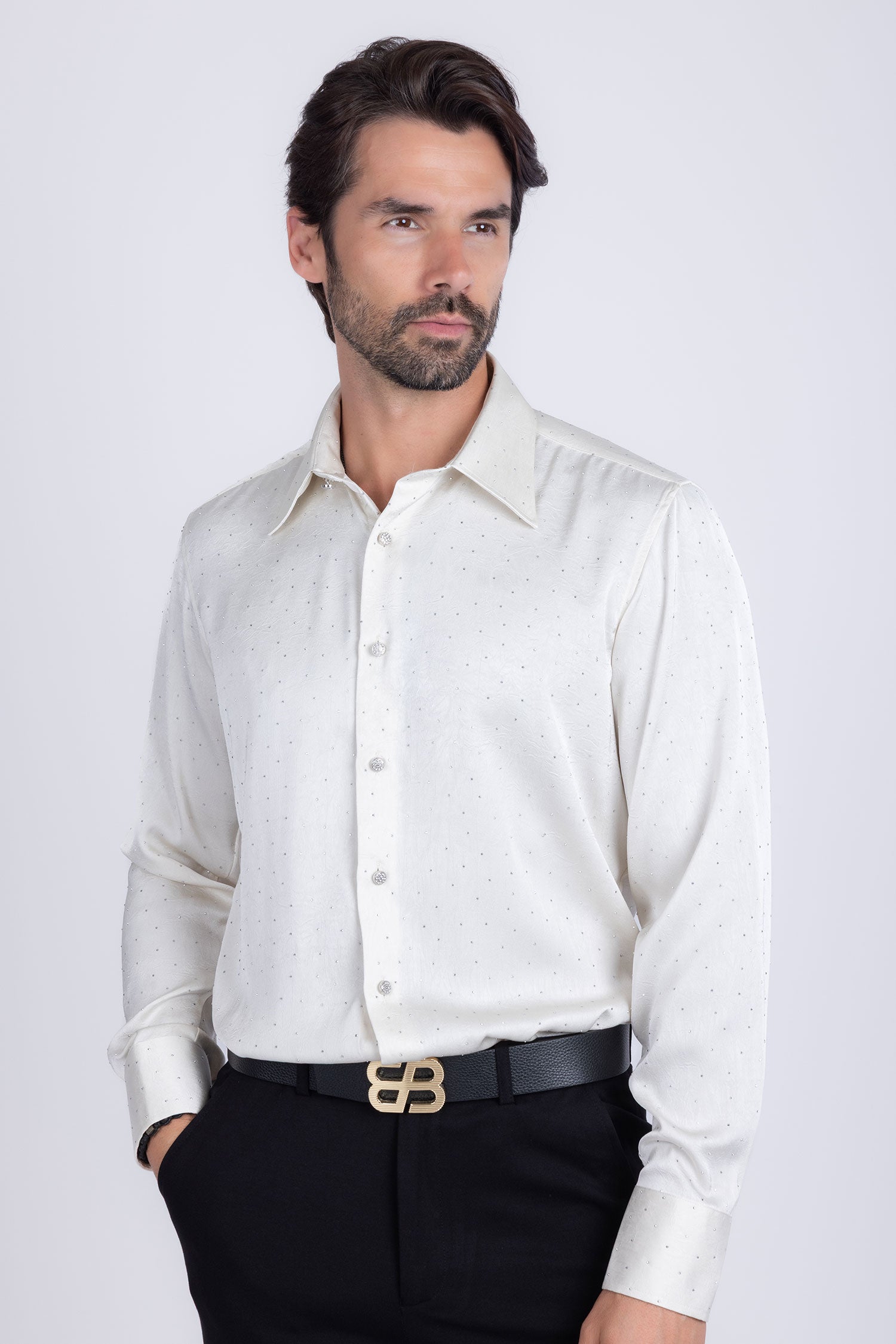 Barabas Men's Rhinestones Textured Long Sleeve Shirts 5B12 White Silver