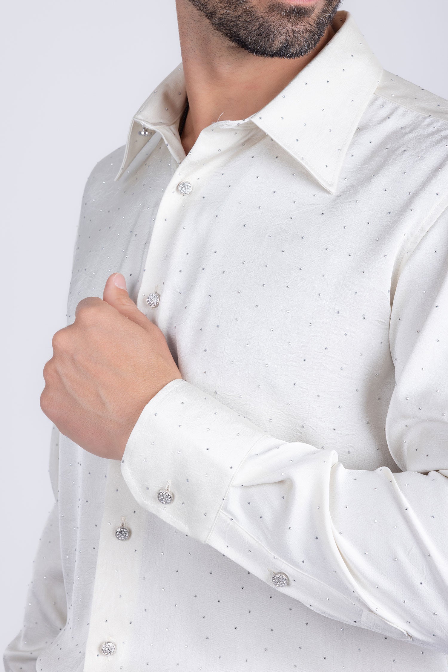 Barabas Men's Rhinestones Textured Long Sleeve Shirts 5B12 White Silver