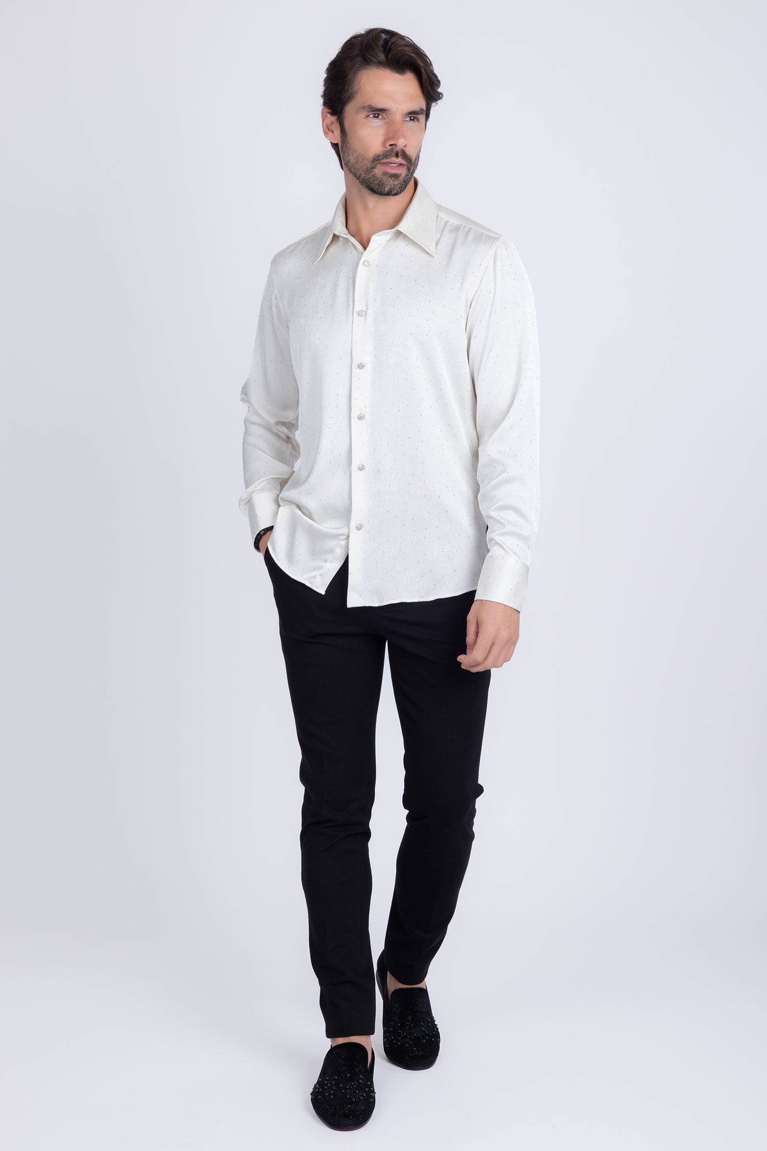 Barabas Men's Rhinestones Textured Long Sleeve Shirts 5B12 White Silver