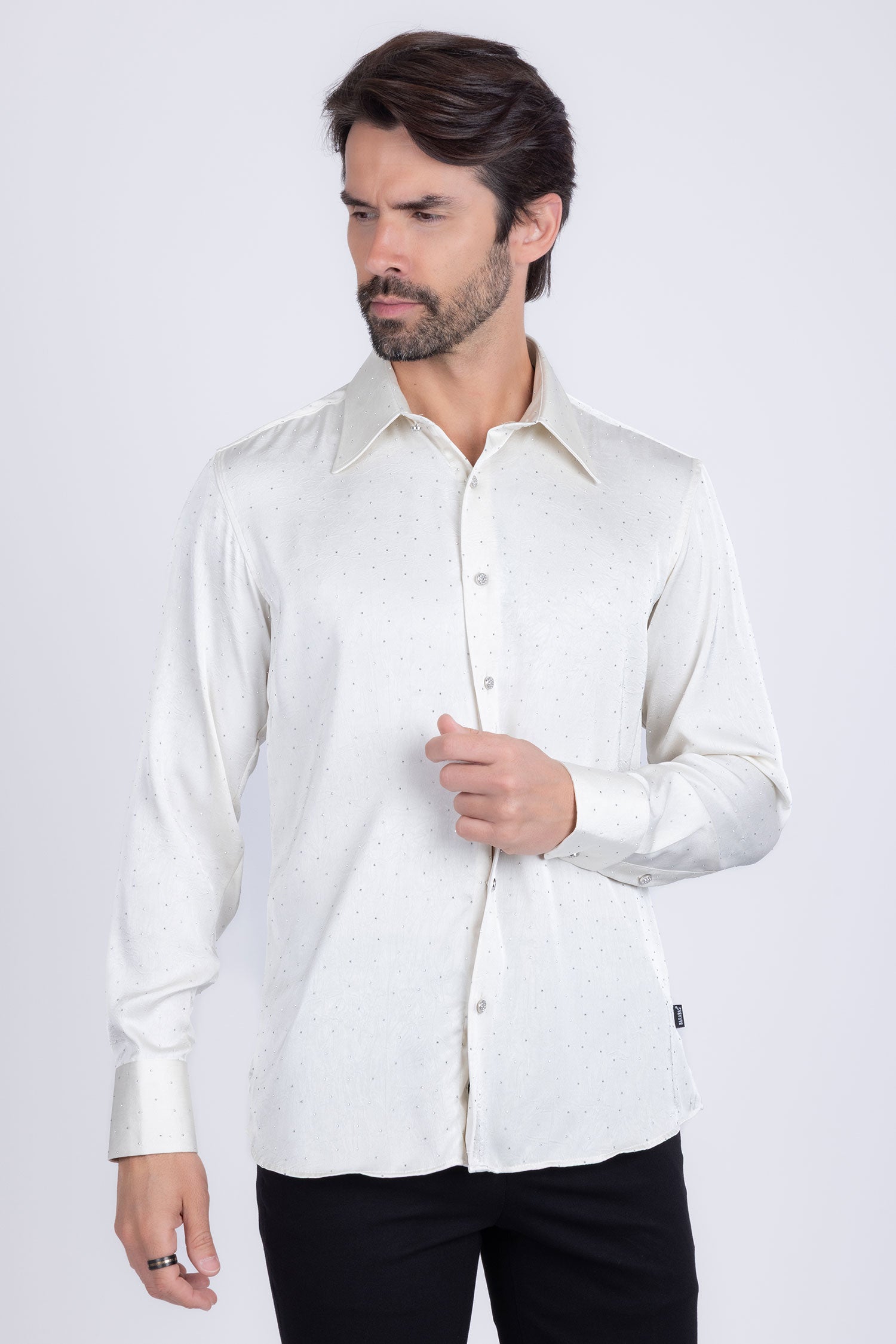 Barabas Men's Rhinestones Textured Long Sleeve Shirts 5B12 White Silver