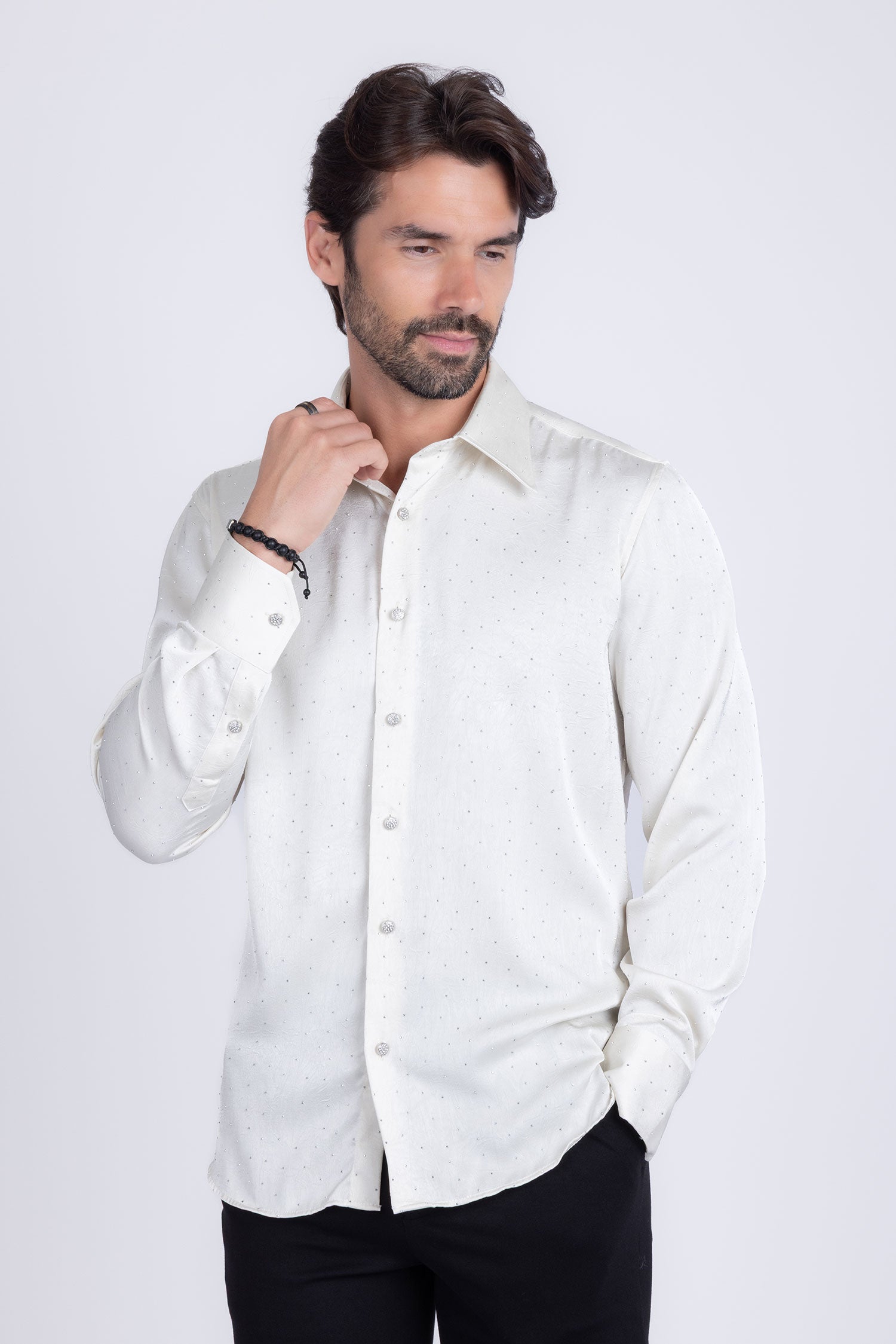 Barabas Men's Rhinestones Textured Long Sleeve Shirts 5B12 White Silver