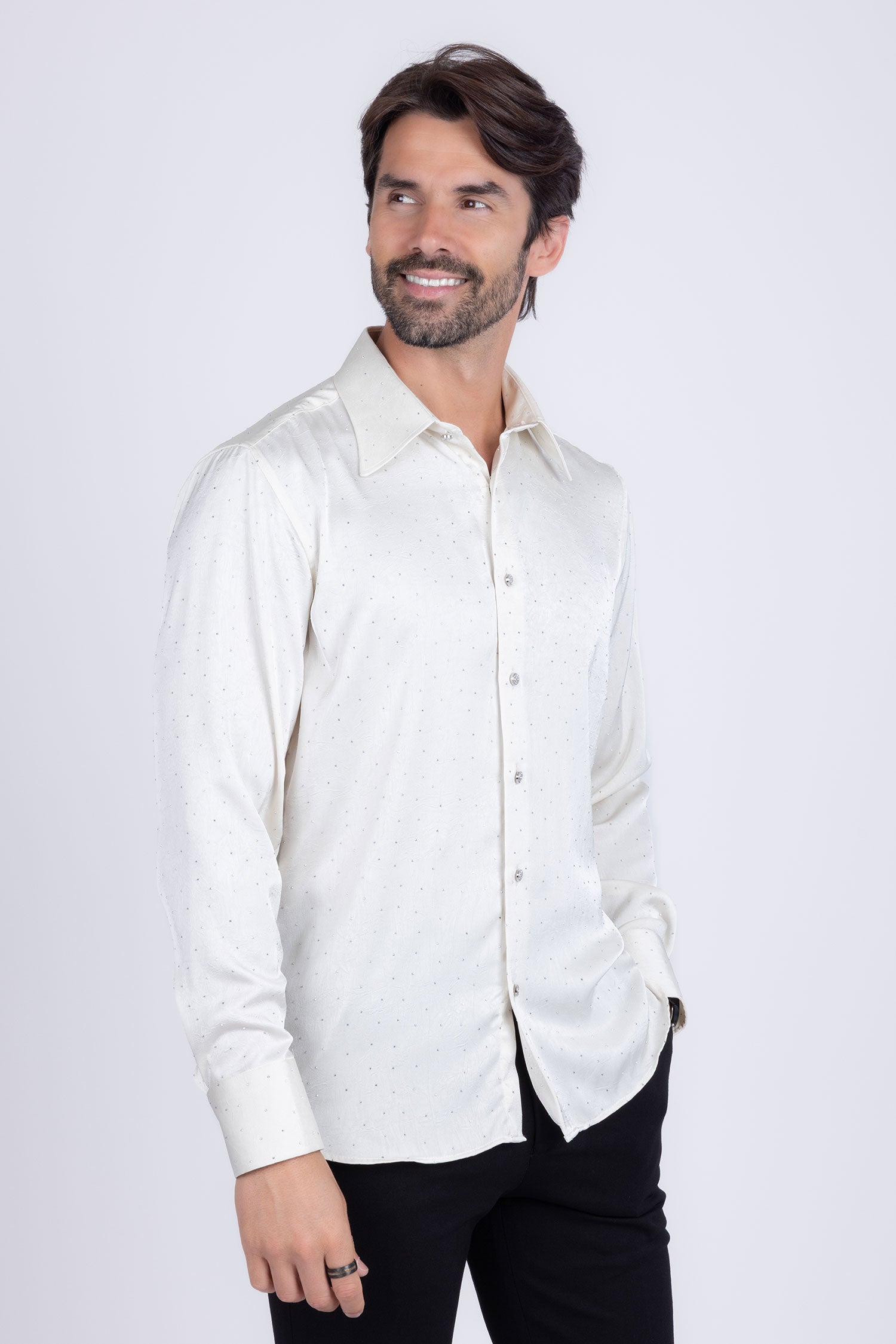 Barabas Men's Rhinestones Textured Long Sleeve Shirts 5B12 White Silver