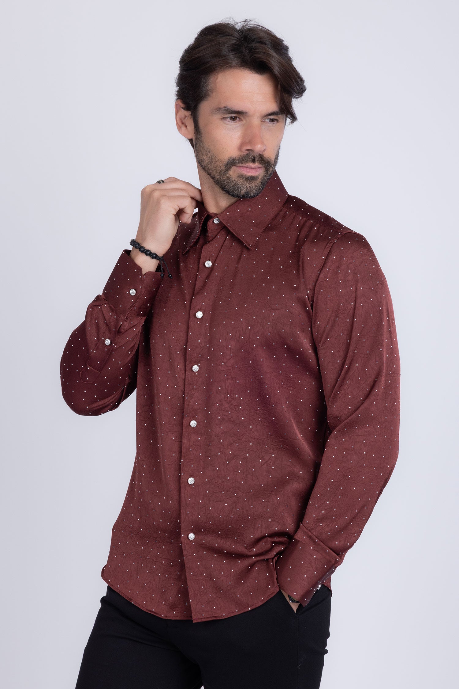 Barabas Men's Rhinestones Textured Long Sleeve Shirts 5B12 Wine Silver