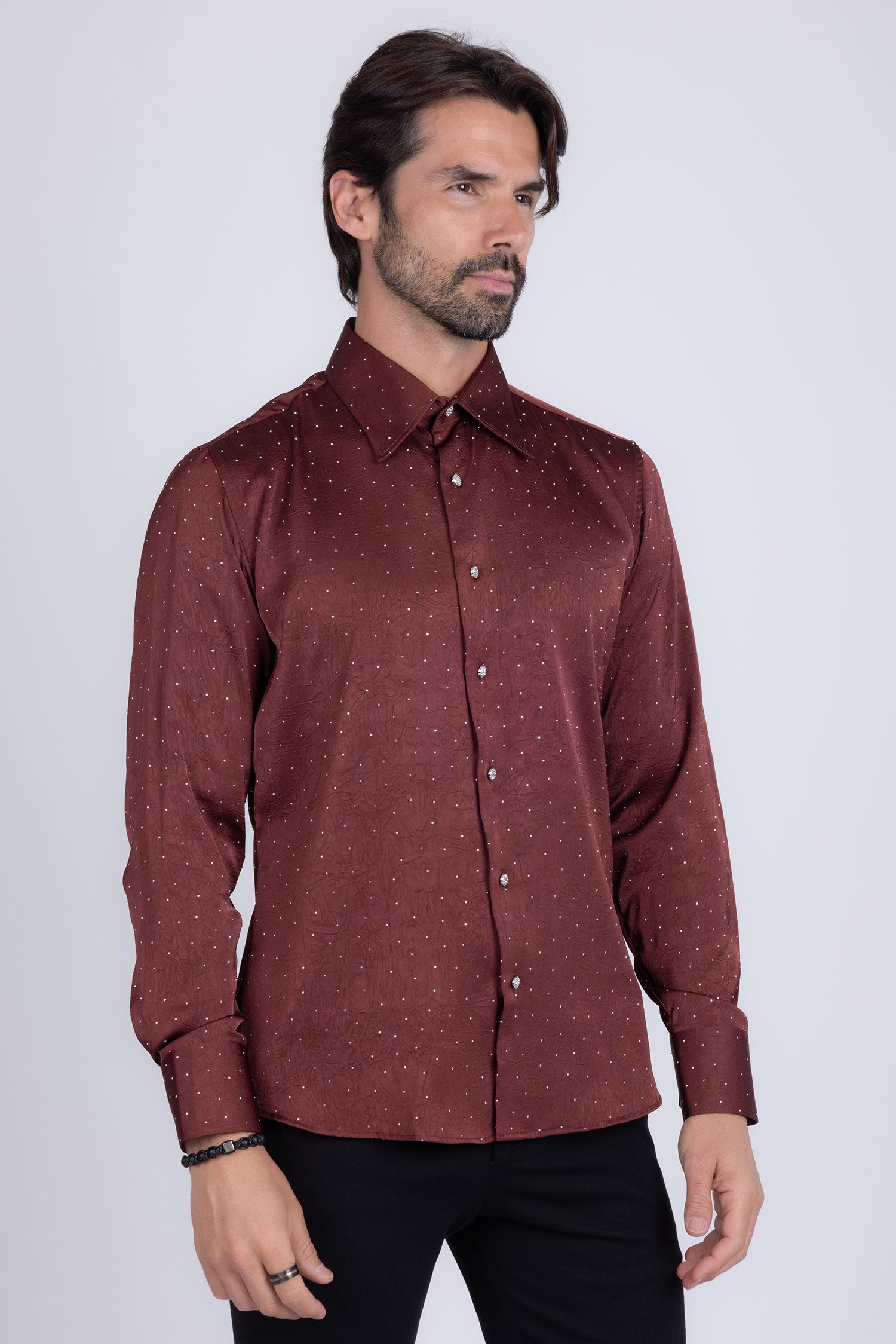Barabas Men's Rhinestones Textured Long Sleeve Shirts 5B12 Wine Silver