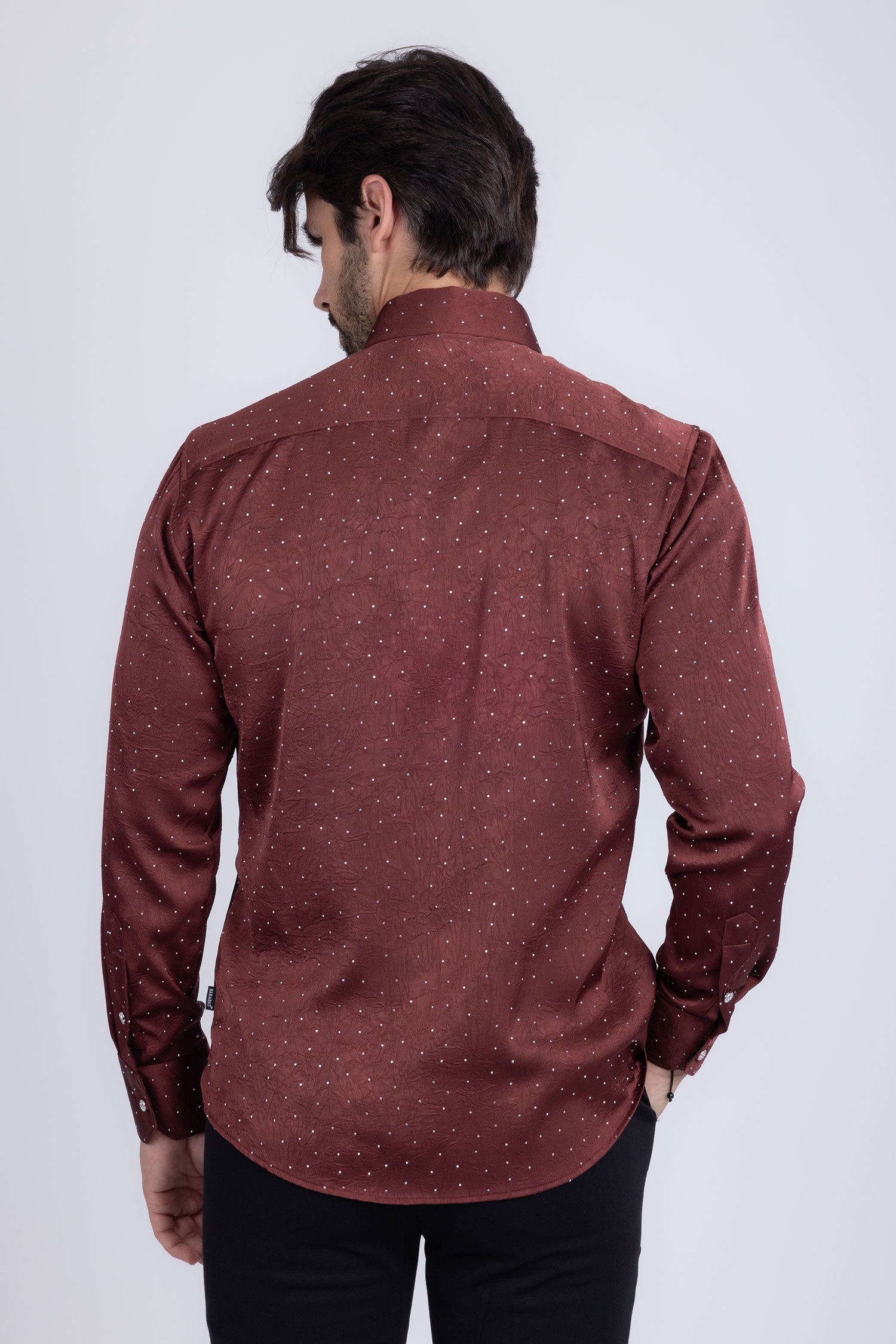 Barabas Men's Rhinestones Textured Long Sleeve Shirts 5B12 Wine Silver