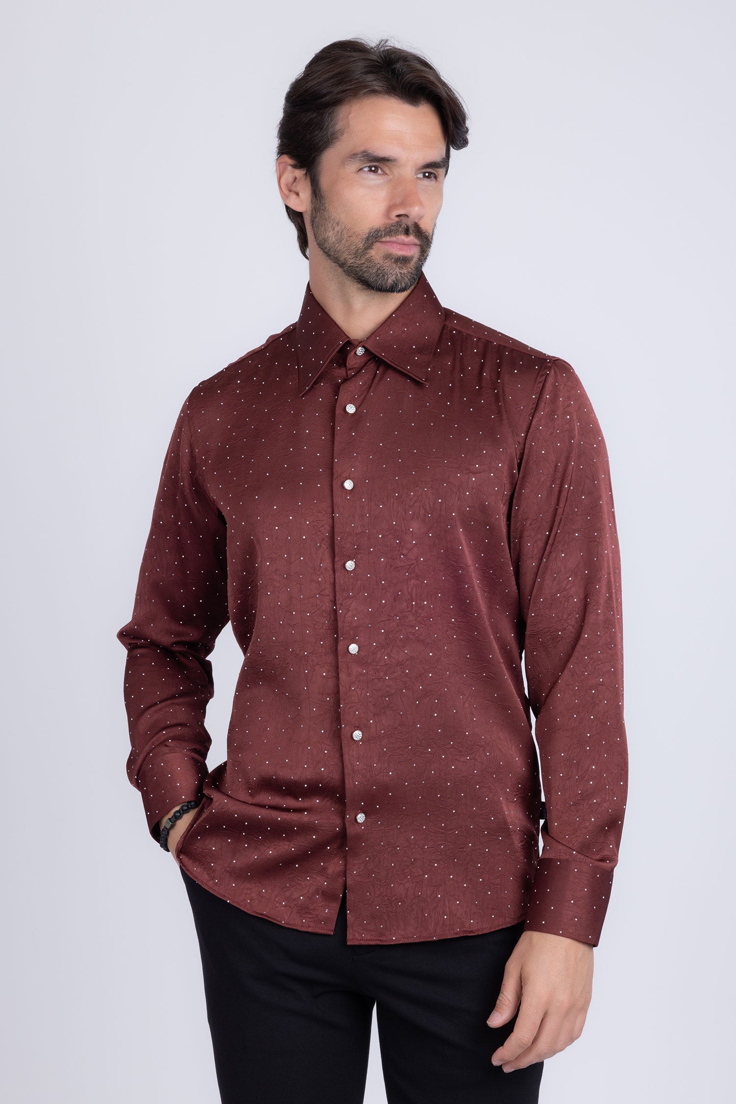 Barabas Men's Rhinestones Textured Long Sleeve Shirts 5B12 Wine Silver